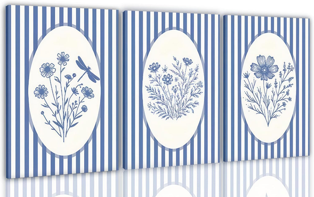 3pcs Blue Striped Floral Canvas Wall Art Minimalist Wildflower Silhouette Poster Print Rustic Farmhouse Decor For Bedroom Bathroom Living Room Office Kitchen Wall Deco( 12×18in Stretched Canvas on A Wooden Frame)