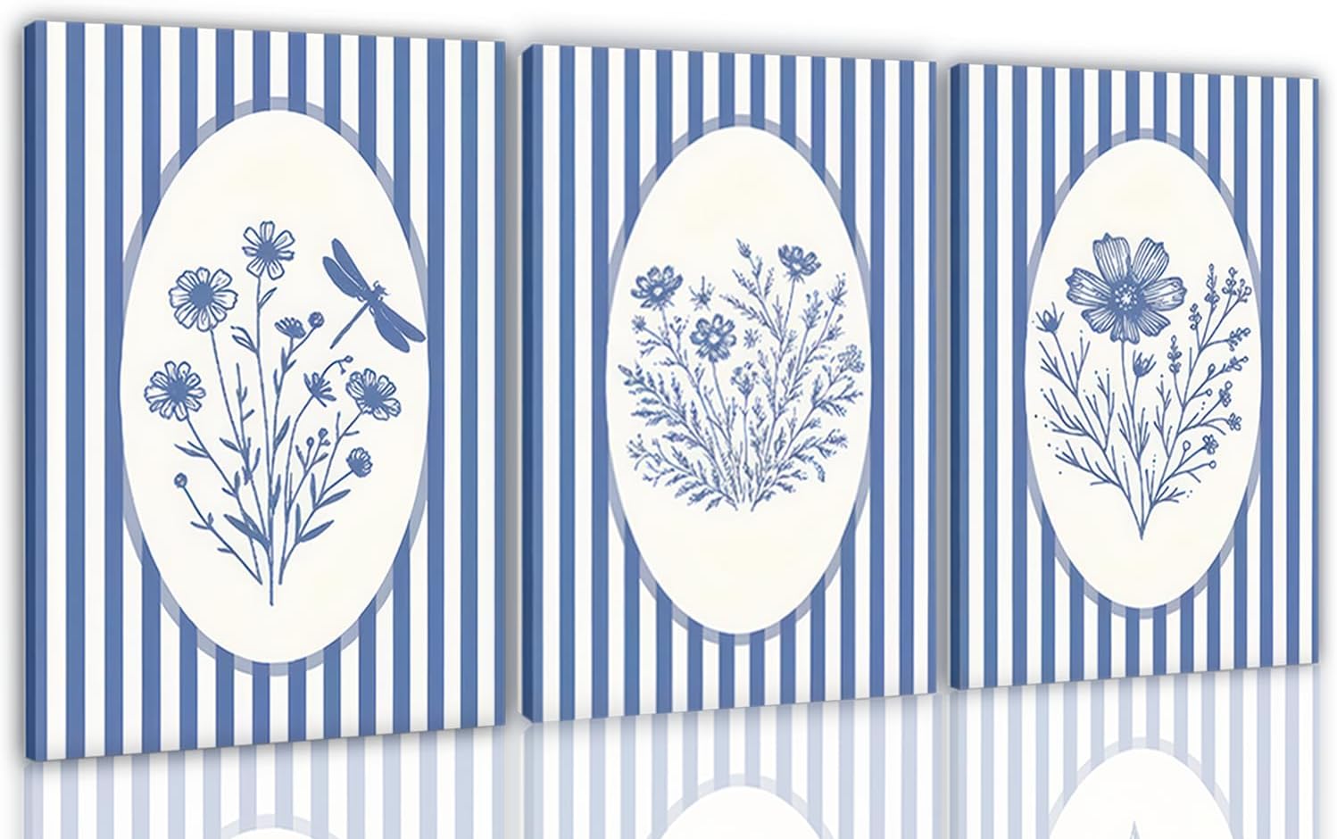 3pcs Blue Striped Floral Canvas Wall Art Minimalist Wildflower Silhouette Poster Print Rustic Farmhouse Decor For Bedroom Bathroom Living Room Office Kitchen Wall Deco( 12×18in Stretched Canvas on A Wooden Frame)