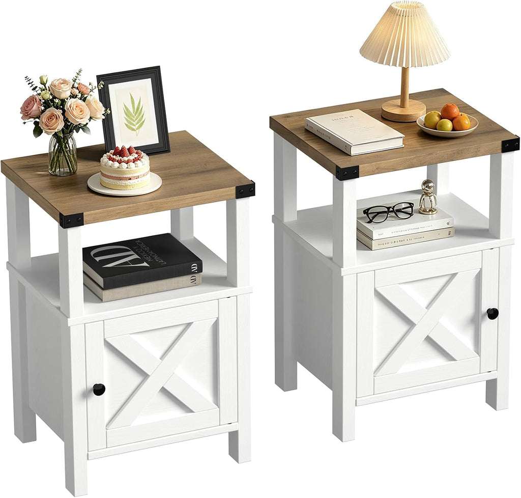 Set of 2 Farmhouse Nightstands, Sofa Side End Table with Storage, Wood Bedside Table with Barn Door for Bedroom Living Room Rustic Vintage White