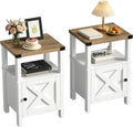 Set of 2 Farmhouse Nightstands, Sofa Side End Table with Storage, Wood Bedside Table with Barn Door for Bedroom Living Room Rustic Vintage White
