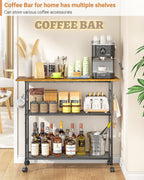 Kitchen Island with 3 Shelves, Rolling Kitchen Cart with 6 Hooks and Protective Shelf, Microwave Stand on Lockable Wheels, Bakers Rack Coffee Bar for Dining, Living Room, Outdoor, Metal Frame