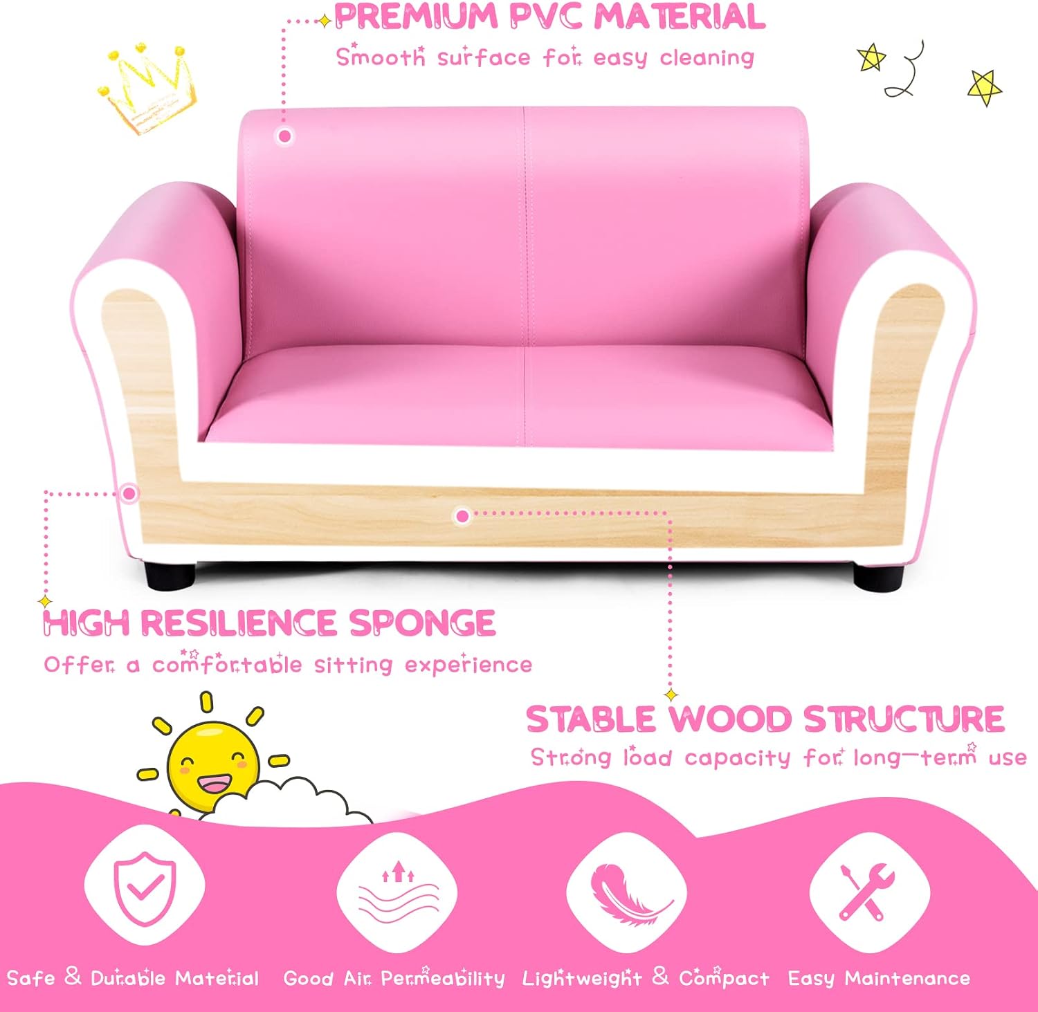 INFANS 2 Seat Children Sofa with Footstool, Sturdy Wood Construction, Armrest Couch for Preschool Kids, Kid Couch Lounge Bed with Ottoman