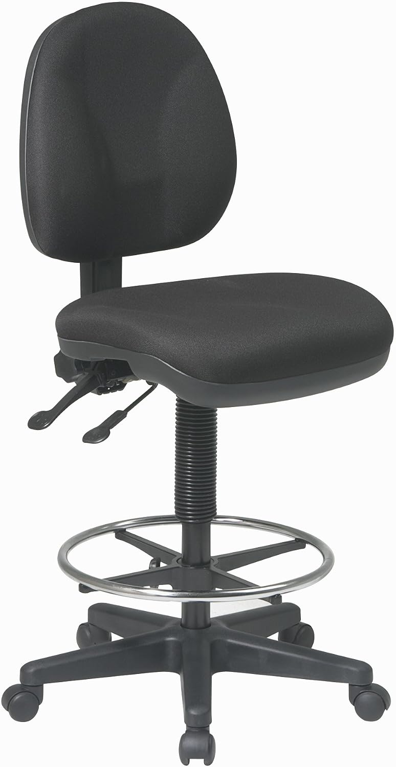 Office Star DC Series Deluxe Ergonomic Adjustable Padded Drafting Chair with 18.5 Inch Chromed Footring and Dual Wheel Carpet Casters, Icon Black Fabric