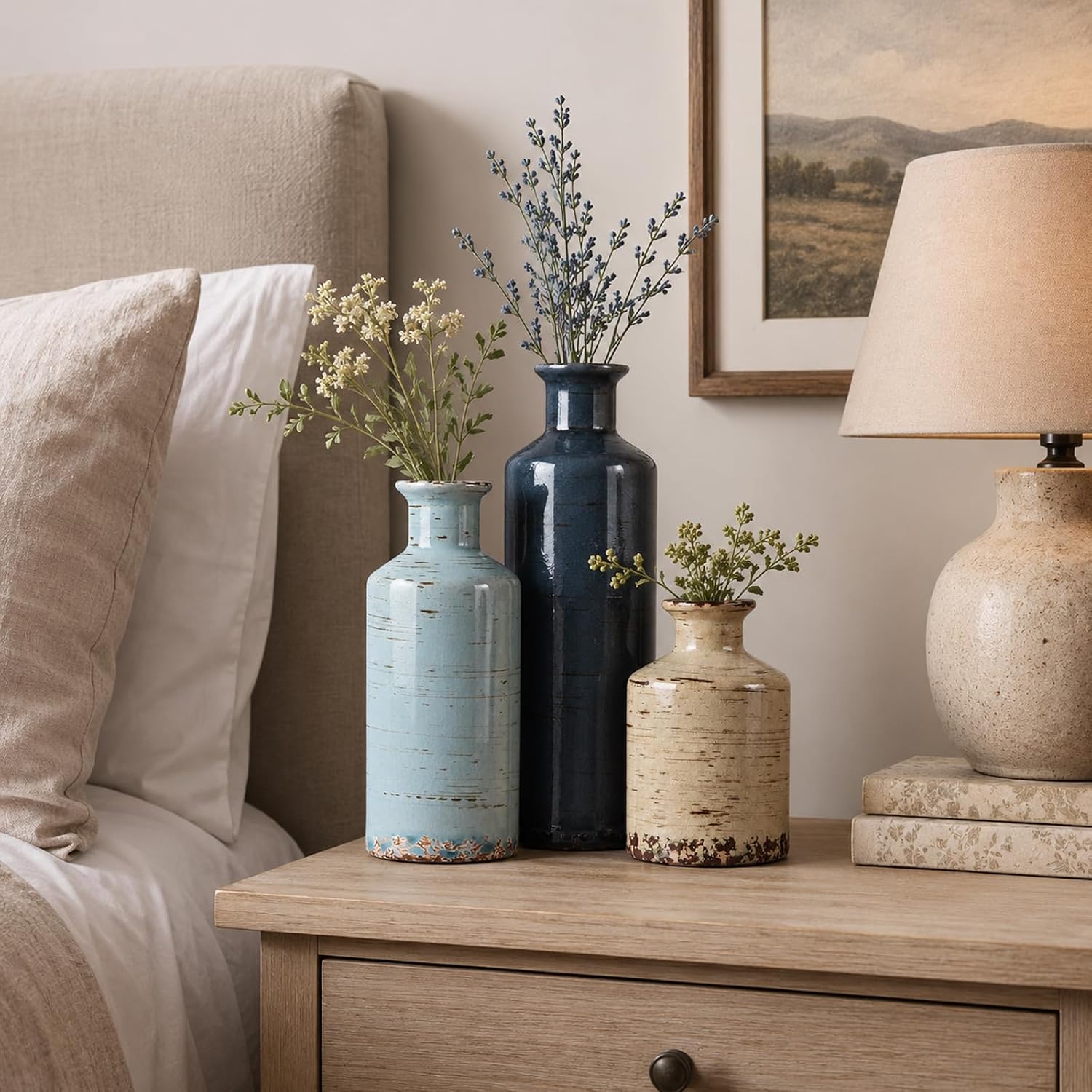 Blue and Beige Ceramic Vase Set of 3 – Rustic Distressed Glaze Pottery Vases, Small Vintage Flower Vases for Home Decor, Farmhouse, Modern Rustic, Shelf, Mantle, Table Centerpiece Decorations
