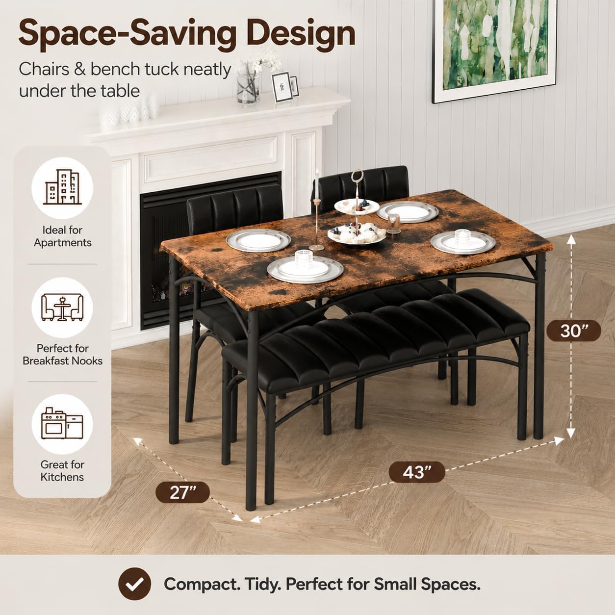 4 EVER WINNER Dining Table Set for 4, Kitchen Table with Upholstered Chairs and Bench, 4-Piece Kitchen Table and Chairs for Small Spaces, Dining Room, Rustic Brown