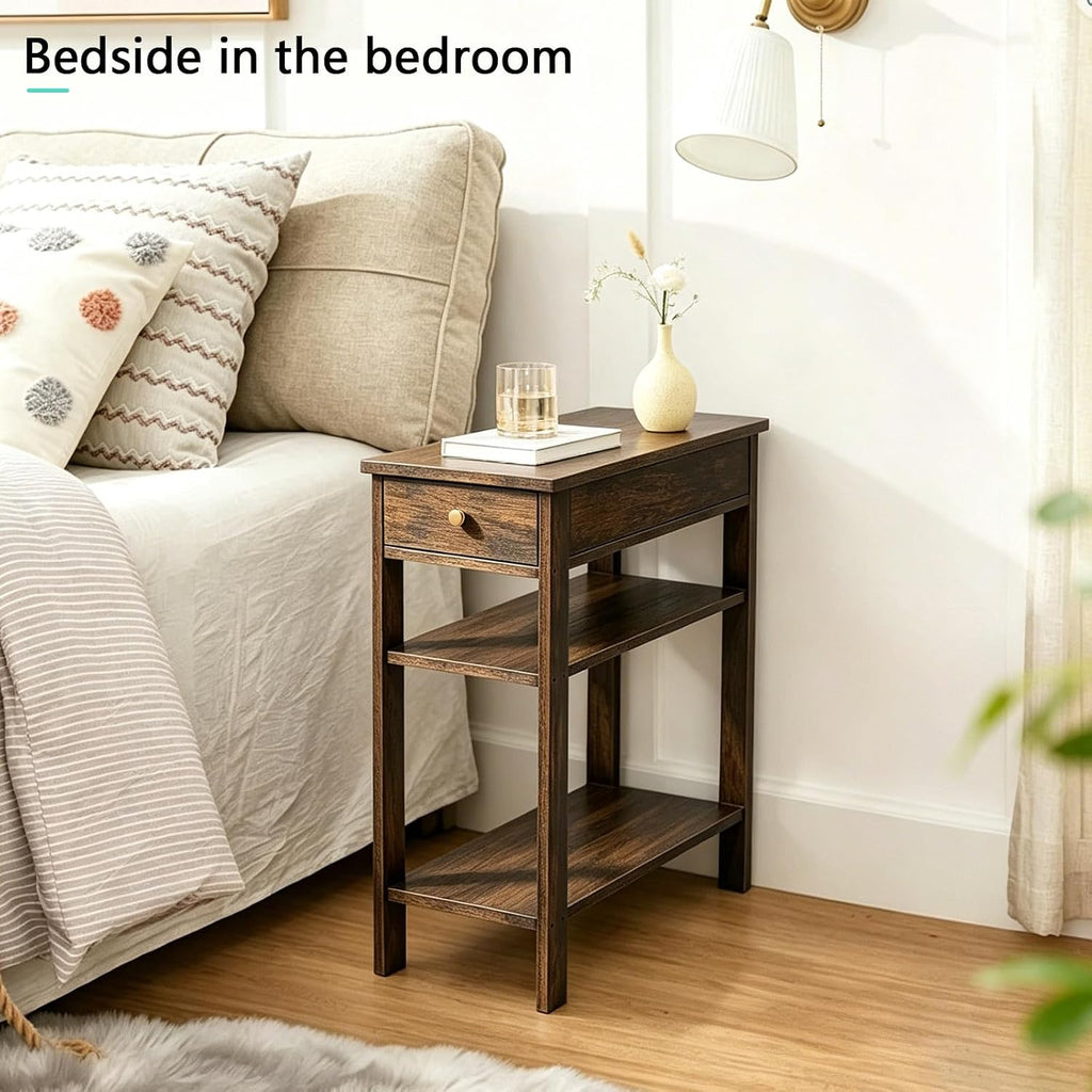Solid Wood Narrow End Table with Drawer and 3-Tier Storage, Slim Nightstand for Small Spaces, Side Table with Shelves for Living Room, Bedroom, Easy Assembly Walnut 23.6X23.6X11in