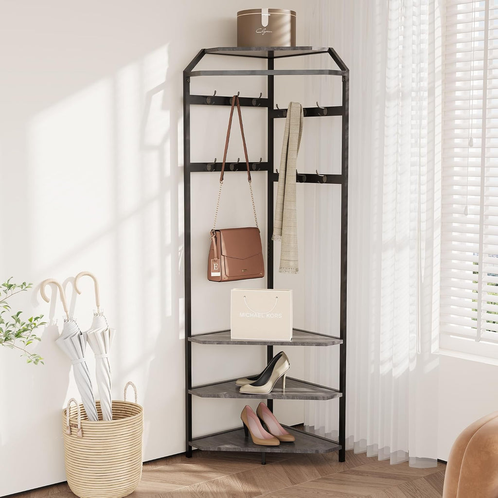 Takywep Corner Hall Tree Coat Rack with Shoe Bench, Entryway Coat Rack 12 Double Hooks & Top Storage Shelf, Freestanding Clothes Rack Shoes Shelf Organizer for Home Office Bedroom Closet, Grey