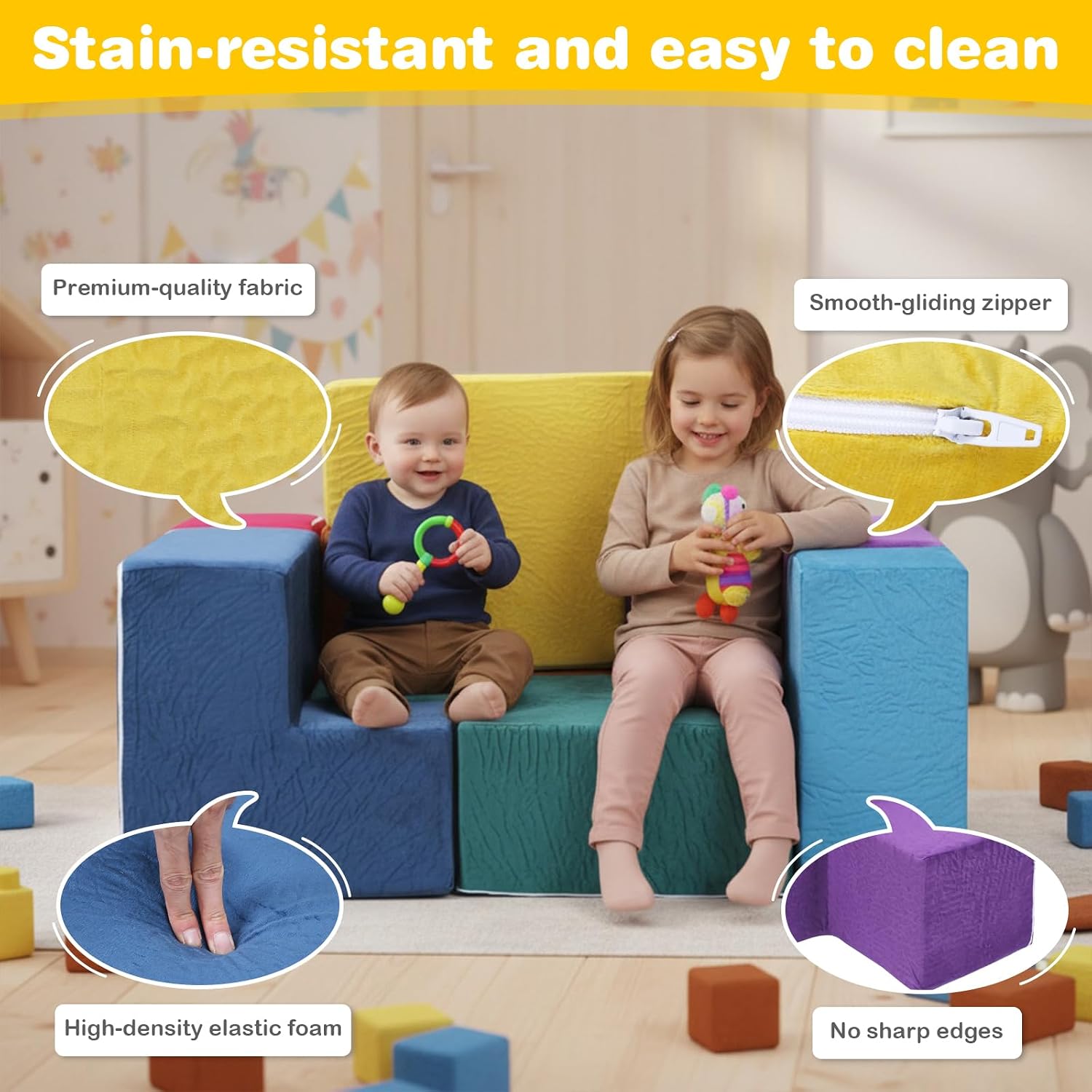 7Pcs Elastic Sponge Toddler Cushions Washable Inspiring Creativity Blocks Chair Wear Resist for Kids Bedroom Playroom Furnitures