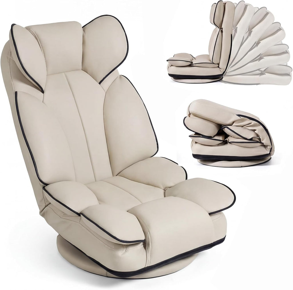 KOMFOTT 360° Swivel Floor Gaming Chair, Lazy Lounger Sofa with 6-Position Adjustable Backrest and Sponge Filling, Folding Floor Chair Lounge Chair for Reading, Relaxing, Gaming and TV Watching (Beige)