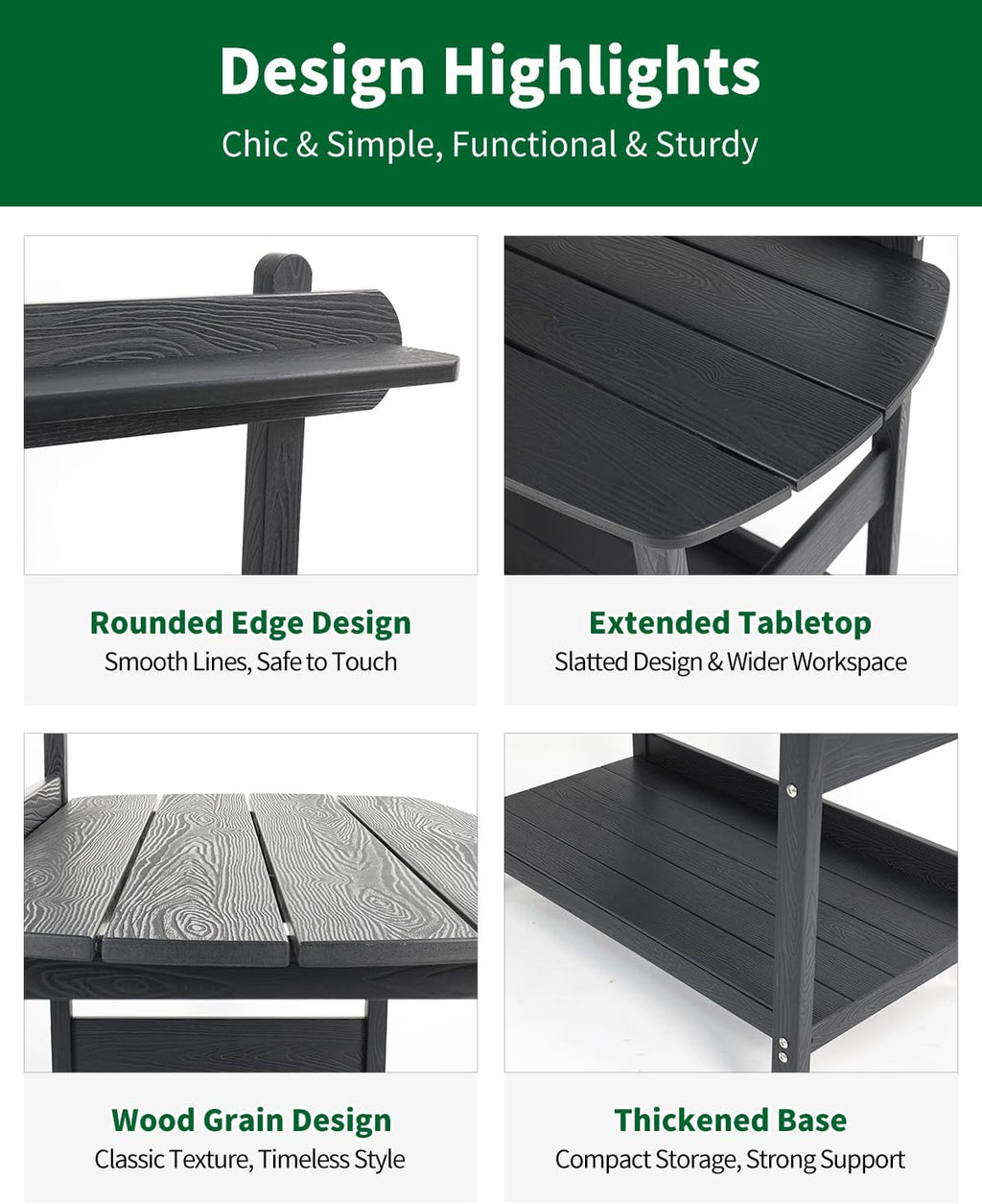 Potting Bench Table with 3-Tier Storage, HIPS Outdoor Gardening Table with 4 Self-Tapping Screws, Heavy Duty All-Weather Planting Bench with Curved Edges for Patio, Backyard, Garden(Black)