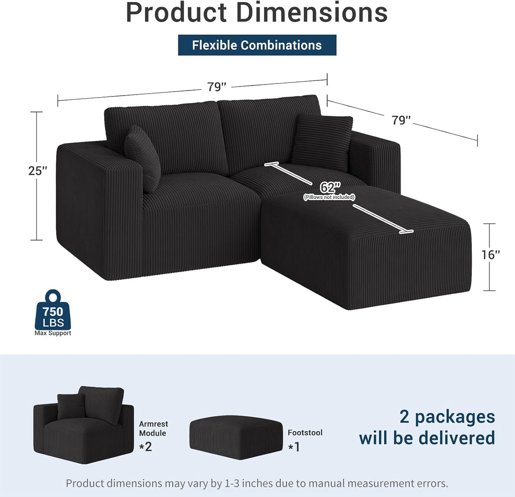 Modular Sleeper Sofa Couch Modern Sectional Couches for Living Room - 79" L-Shaped Boneless Cloud Couch - Easy Assembly Corduroy Convertible Sponge Compression Sofas with Chaise for Home House(Black)