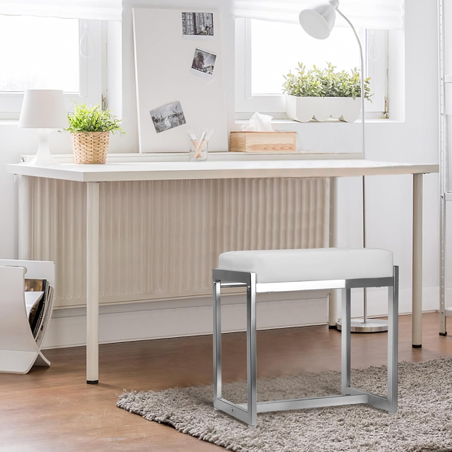 Vanity Stool Chair, Modern PU Leather Ottoman Foot Rest for Vanity Bench with Silver Metal Legs, Multifunctional Chairs for Makeup, Bedroom, Living Room, Small Makeup Stools White&Silver