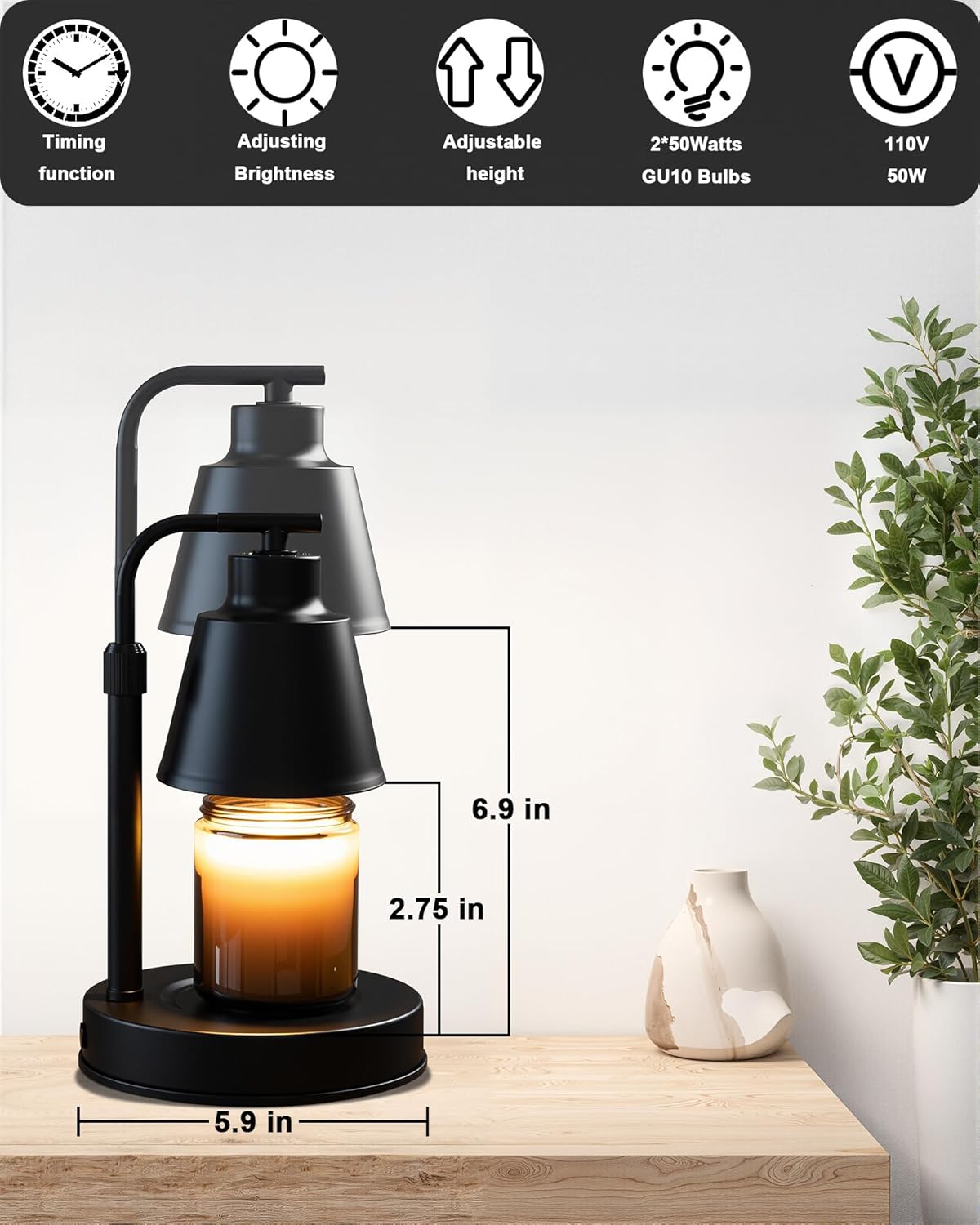 Candle Warmer Lamp with Timer - Adjustable Height & Brightness, 2 Bulbs Included - Flameless Wax Melter for Home