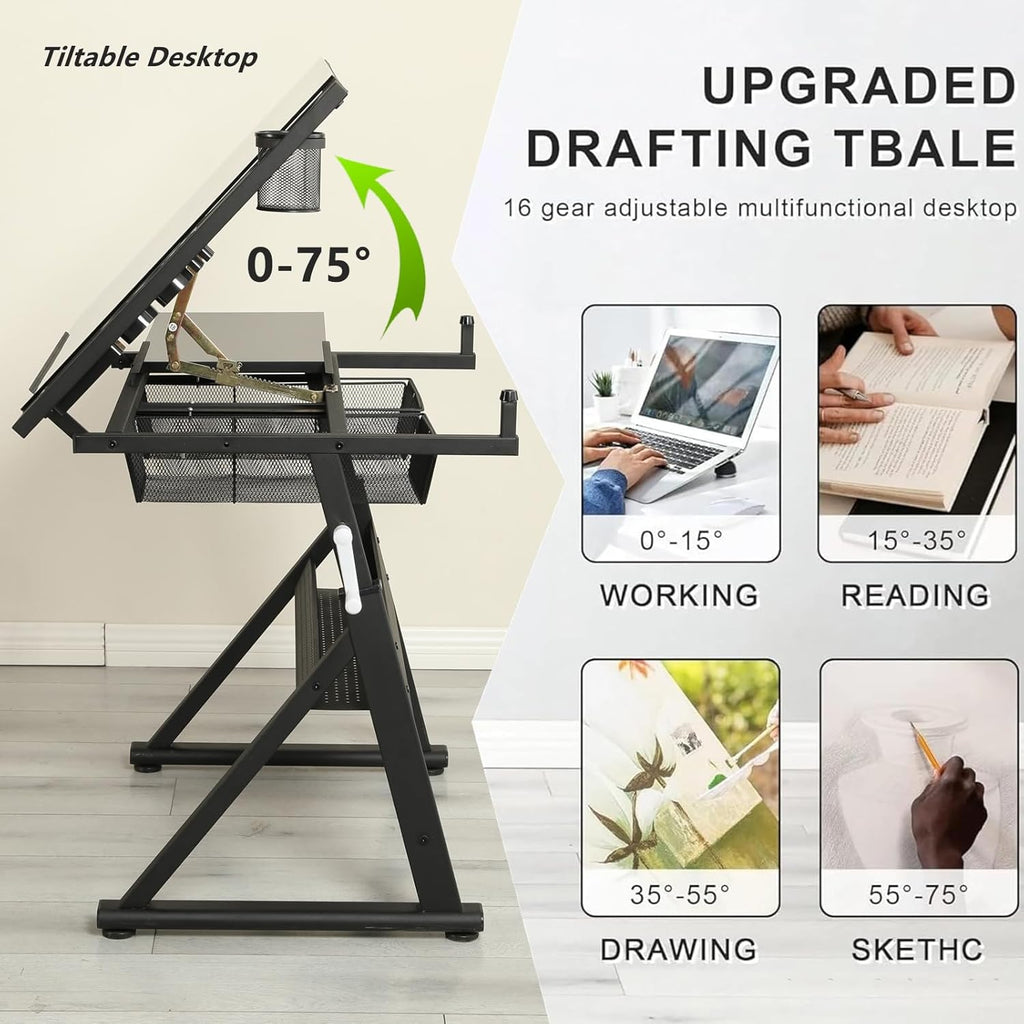 Drafting Table with Stool, Upgraded Height Adjustable Drawing Desk Art Table Drafting Desk with 0-75° Tilting Glass Tabletop and More Storage for Home Office, Type 2-Black