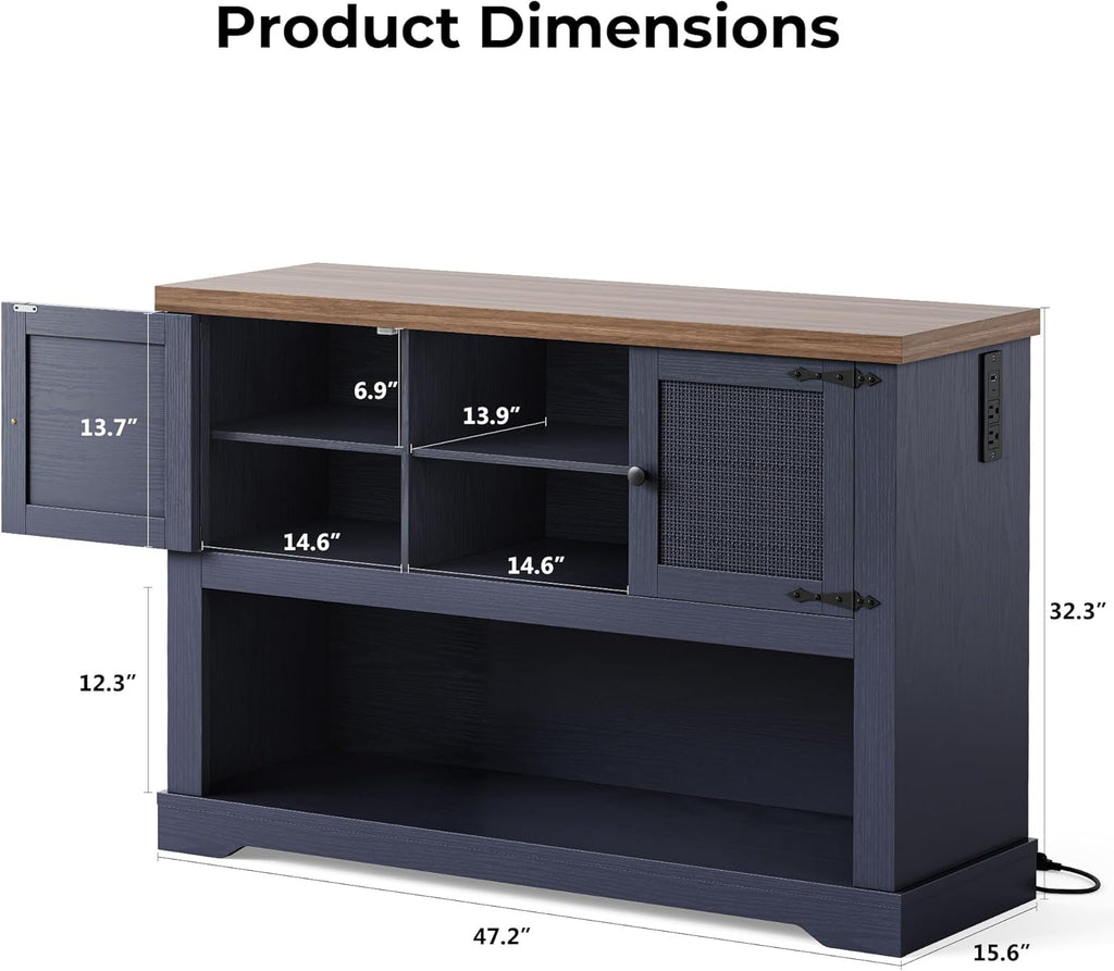 LIKIMIO Farmhouse Entryway Table with Power Outlets, 47.2" Rattan Console Table with Adjustable Storage Shelves & Rattan Doors Cabinet, Sofa Table for Entry, Living Room, Hallway, Foyer, Blue