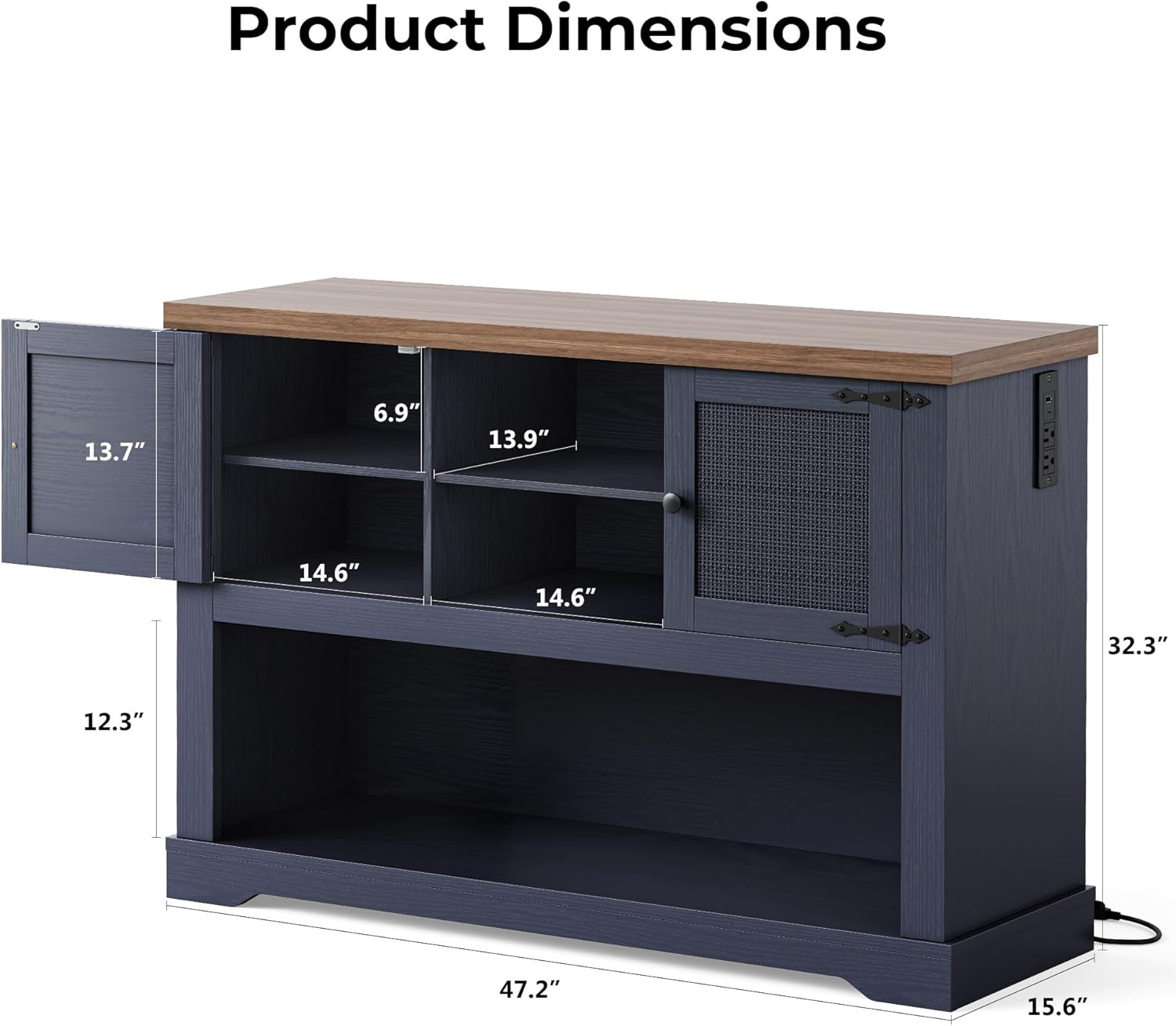 LIKIMIO Farmhouse Entryway Table with Power Outlets, 47.2" Rattan Console Table with Adjustable Storage Shelves & Rattan Doors Cabinet, Sofa Table for Entry, Living Room, Hallway, Foyer, Blue