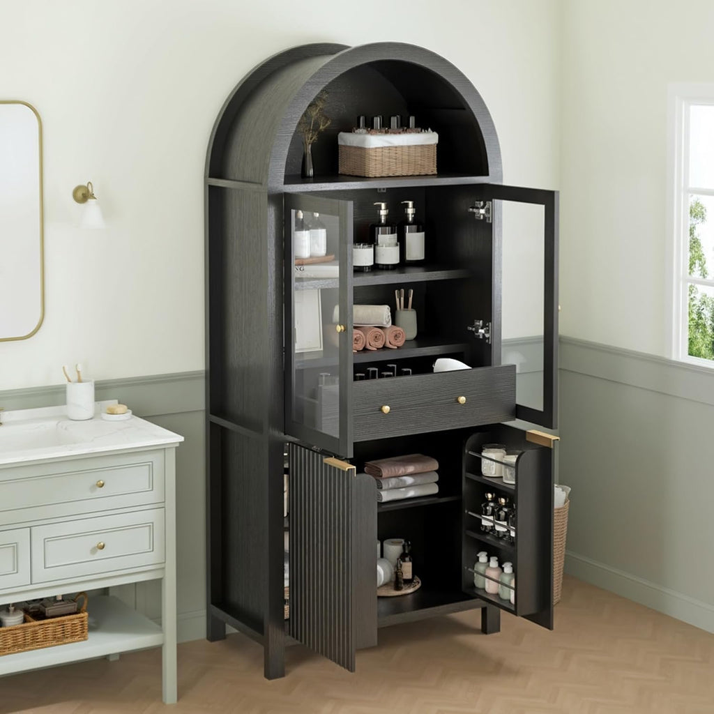 ZeHuoGe Fluted Tall Arched Pantry Cabinet with Adjustable Shelves, Elegant Display Storage with Hidden Drawer & Glass Door for Kitchen, Living Room, Dining Room (Black)