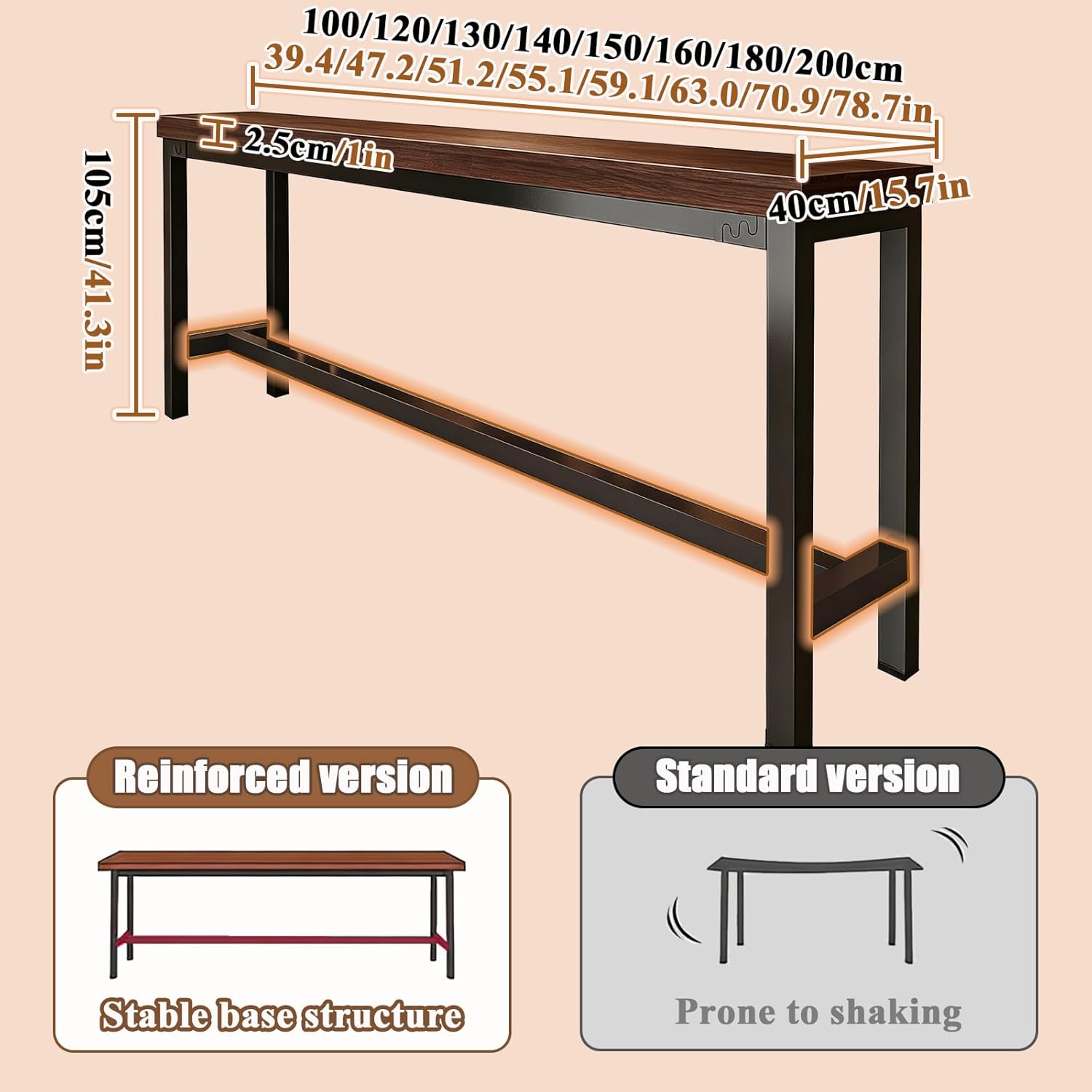 ZMHPLKH Narrow Bar Table for Small Spaces Industrial Rectangular Counter Height Table Retro Brown Wood Panel & Black Metal Frame Breakfast Bar Table for Apartments, Kitchen, Entryway
