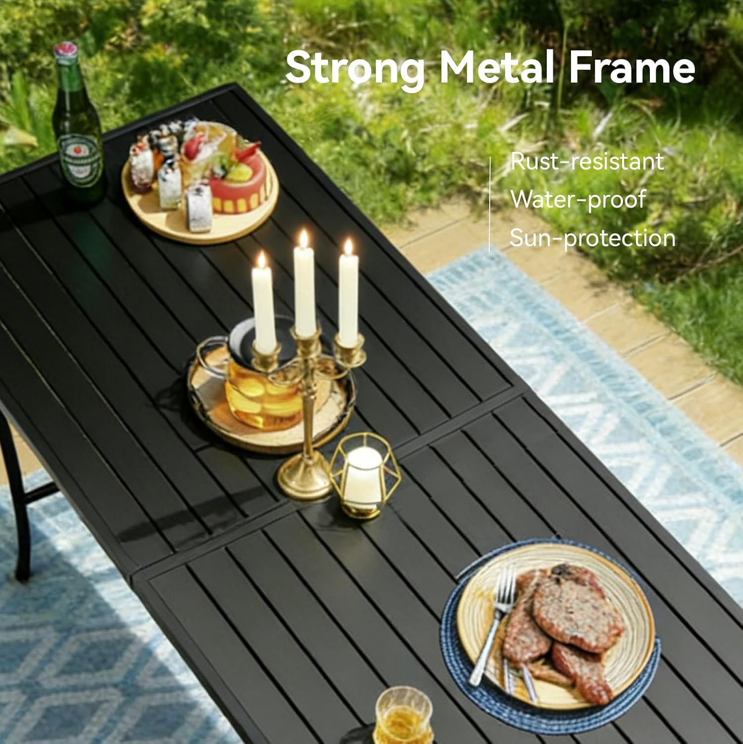 Trevero 7 Pieces Outdoor Dining Table 63"x36", Rectangle Patio Dining Table and Chairs with Stable Metal Frame for Garden, Backyard and Porch, Umbrella Hole Design, Suitable for 6 People