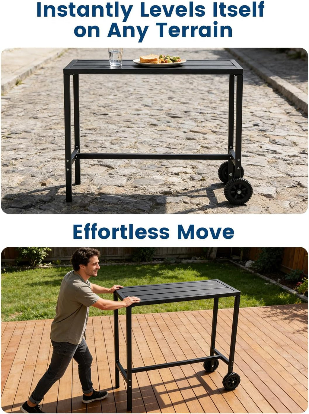 PeakPursuit 39x16 in Rectangle Outdoor Bar Table, 37" Counter Height Patio Pub Table with 2 Wheels, Waterproof Top & Adjustable Feet for Balcony, Yard, Hot Tub, Poolside, Indoor