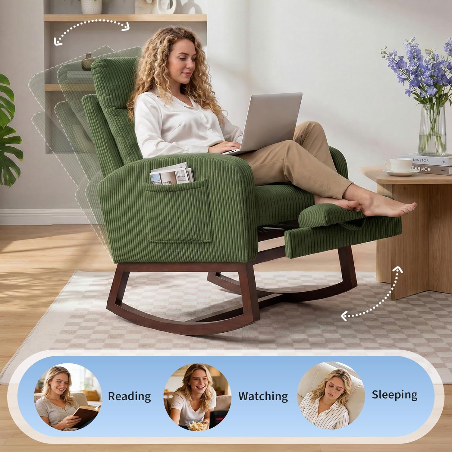 GarveeLife Nursery Rocking Chair,300lb Glider Chair with Solid Wood Legs/Two Side Pockets,Corduroy Upholstered Glider Rocker with Footrest High Backrest for Living Room/Bedroom/Nursery