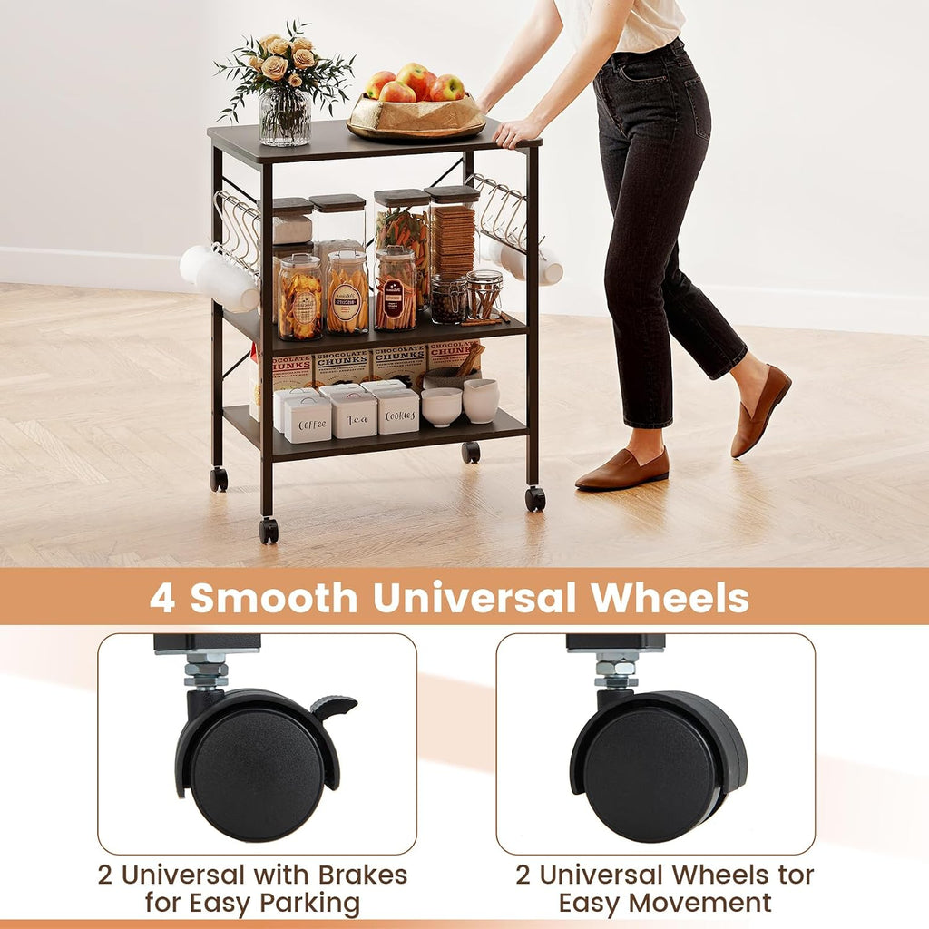 Giantex Kitchen Bakers Rack 3-Tier Microwave Cart on Wheels, Industrial Utility Bar Cart with 10 Hooks Metal Frame Wood Storage Shelves, Rolling Microwave Stand