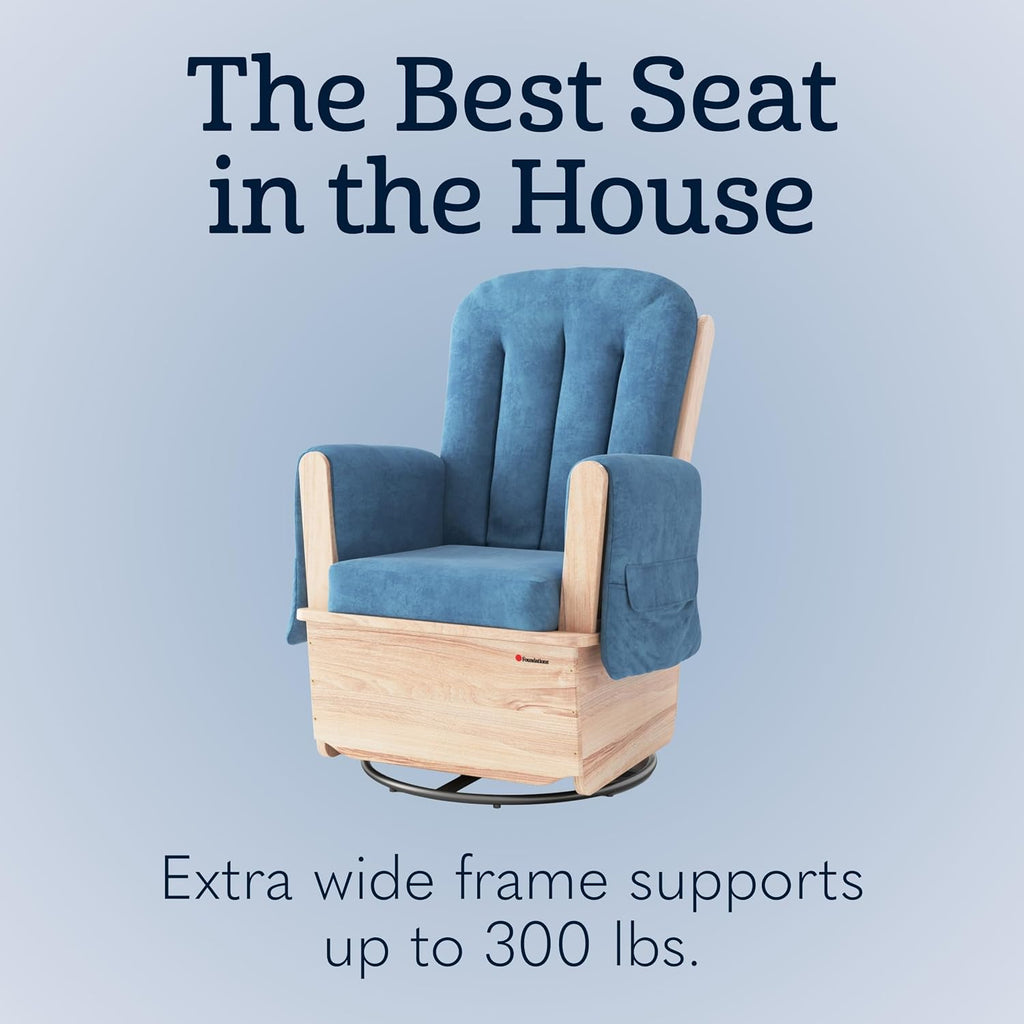 Foundations SafeRocker Glider Rocker with Steel Swivel - Baby Feeding and Rocking Chair for Nursery, Daycare Environment - Nursery Rocking Chairs with Wood Skirt Base - Blue Microfiber