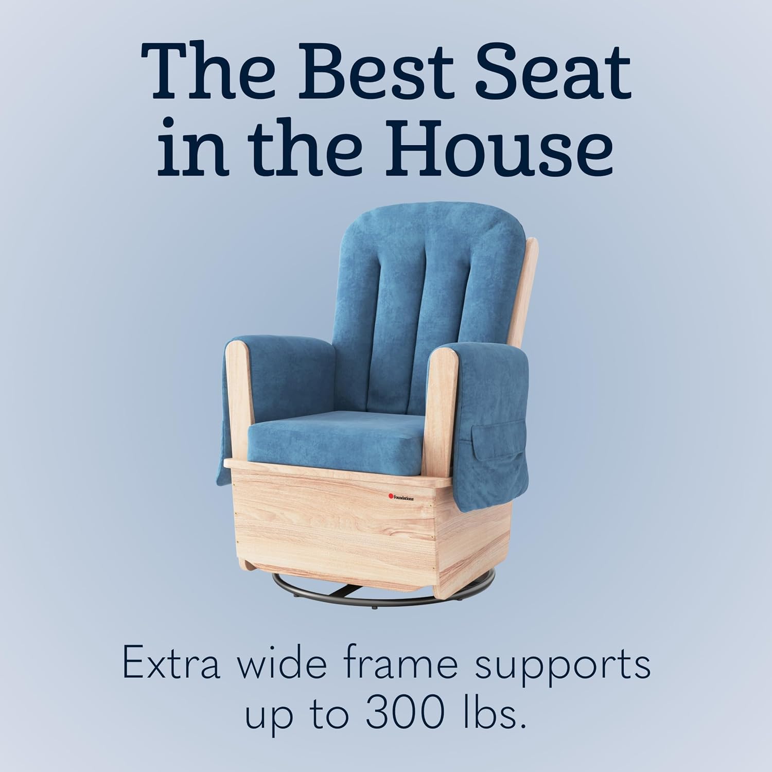 Foundations SafeRocker Glider Rocker with Steel Swivel - Baby Feeding and Rocking Chair for Nursery, Daycare Environment - Nursery Rocking Chairs with Wood Skirt Base - Blue Microfiber
