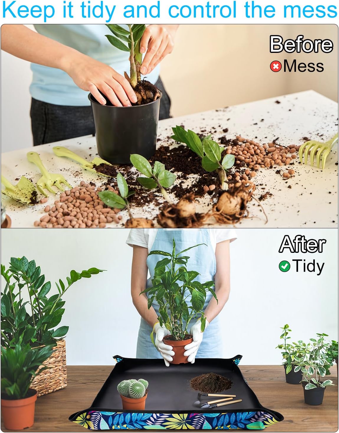 Waterproof Potting Mat for Indoor Plant Transplants, 29.5"x 29.5" Foldable Repotting Mat for Mess Control, Succulent Gardening Tray for Plant Lovers, Birthday Gifts for Women