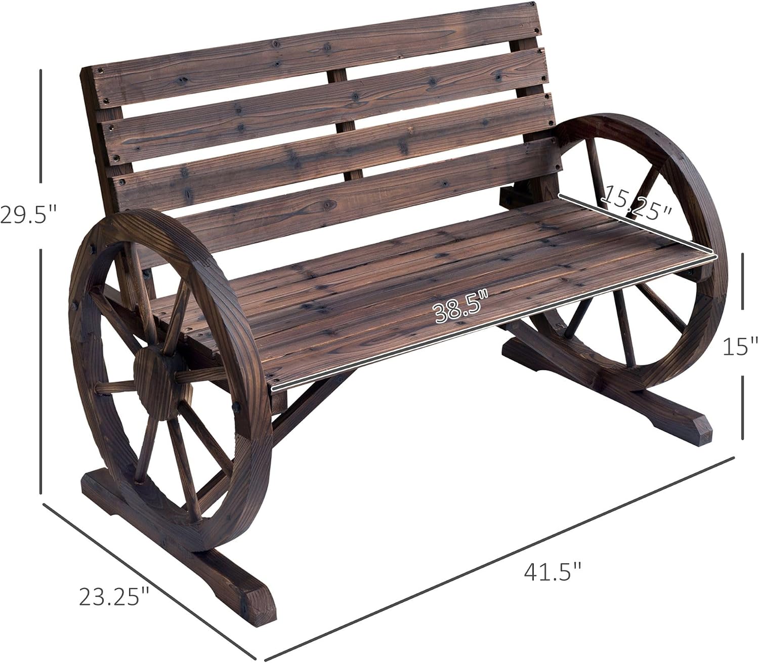 Wheel Solid Fir Wood Bench for Outdoor Patio with Carbonized Finish 2-Person 550lb Capacity