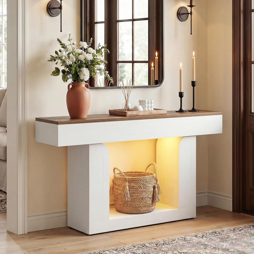Homieasy Console Table, 47" Entryway Table with LED Lights & Charging Station, Farmhouse Wooden Sofa Table Behind Couch, Narrow Hallway Table for Living Room, Foyer, Entry, Antique White & Brown