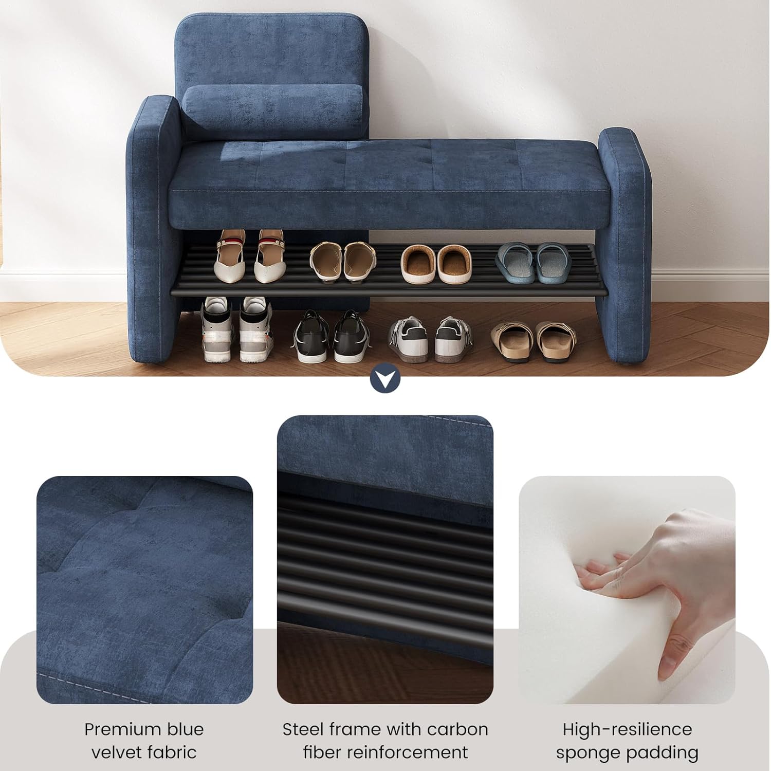 40.94" Entryway Shoe Rack with Cushion Padded Seat, 2-Tier Shoe Bench with Backrest & Armrest, Stable Shoes Organizer for Living Room, Bedroom, Entry, Hallway