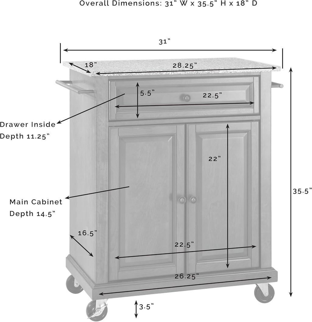 Crosley Furniture Compact Granite Top Small Rolling Cart with Shelves, Microwave Stand with Towel Rack, Mahogany