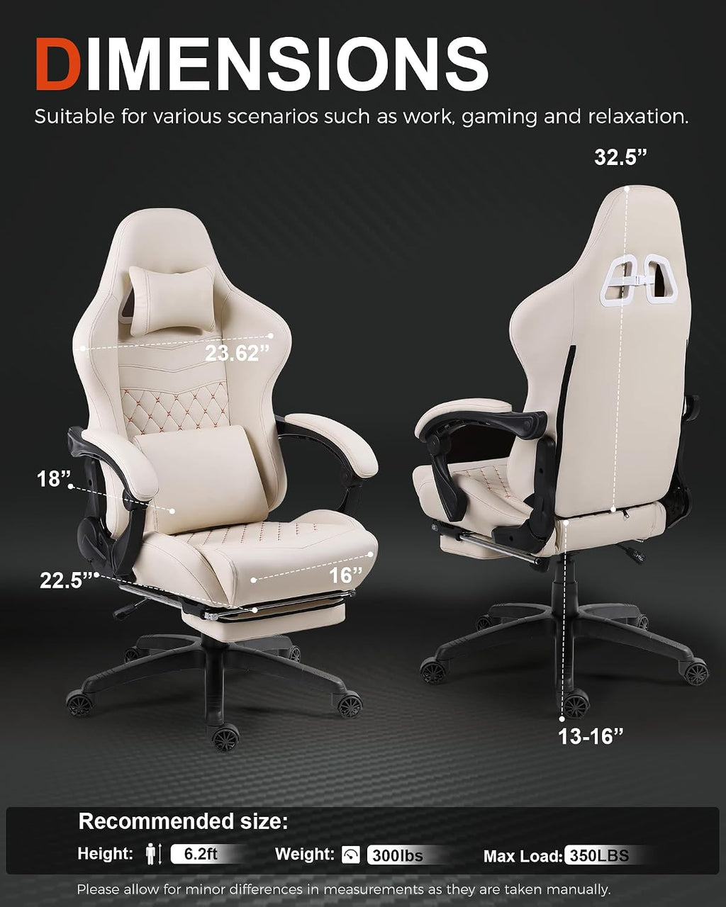 Big and Tall Gaming Chair with Massage and Footrest, Ergonomic High Back PU Leather Computer Office Chair for Heavy Adults, Supports 350LBS, Modern Ivory