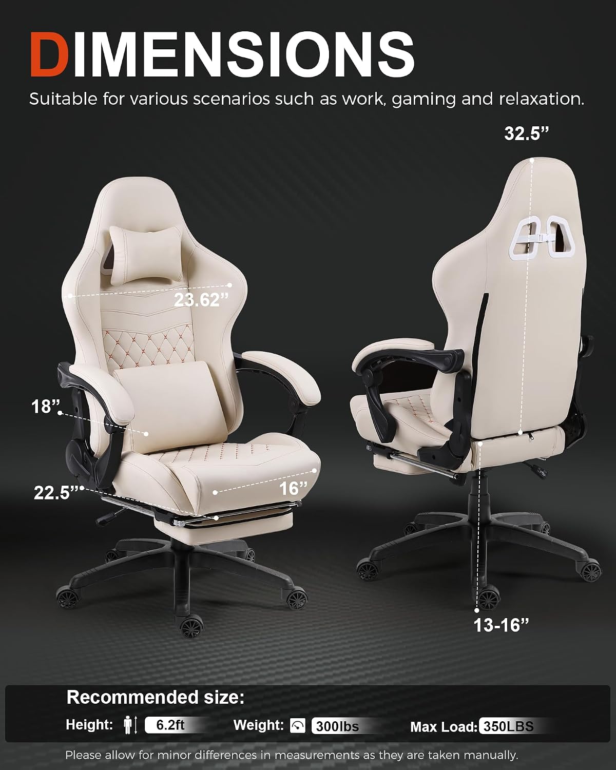 Big and Tall Gaming Chair with Massage and Footrest, Ergonomic High Back PU Leather Computer Office Chair for Heavy Adults, Supports 350LBS, Modern Ivory