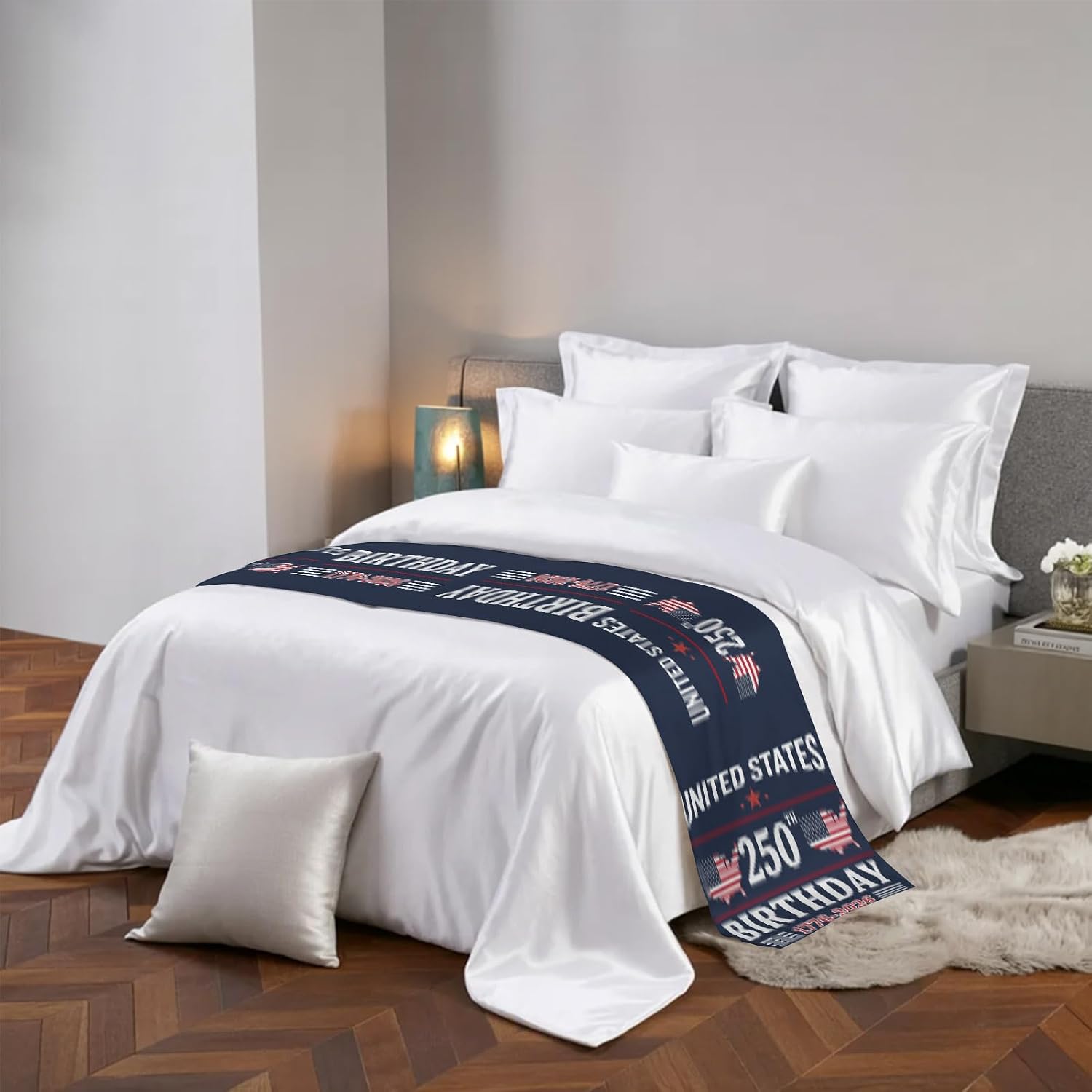 Navy Blue 4th of July Bed Runners for King Size Beds, Decorative Bed Throws for Foot of Beds, Luxury Bedding Protector Slipcover Independence Day Vintage Art Bedrunners & Scarves for Hotel, 102"x20"