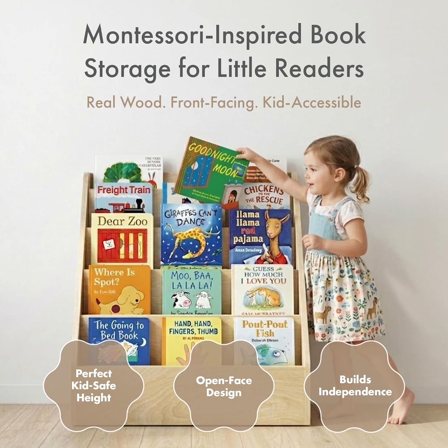 Humble Crew Kids Bookshelf, 5-Tier Front Facing Bookcase, Solid Wood Montessori Toddler Bookcase for Playroom, Bedroom & Reading Corner, 44” Wide