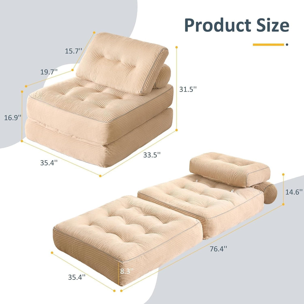 Convertible Folding Sofa Bed with backrest, Removable Washable Covering - Designed for Adults, Children, Leisure Areas, Ultra-Soft Filling Material, Corduroy(Camel)