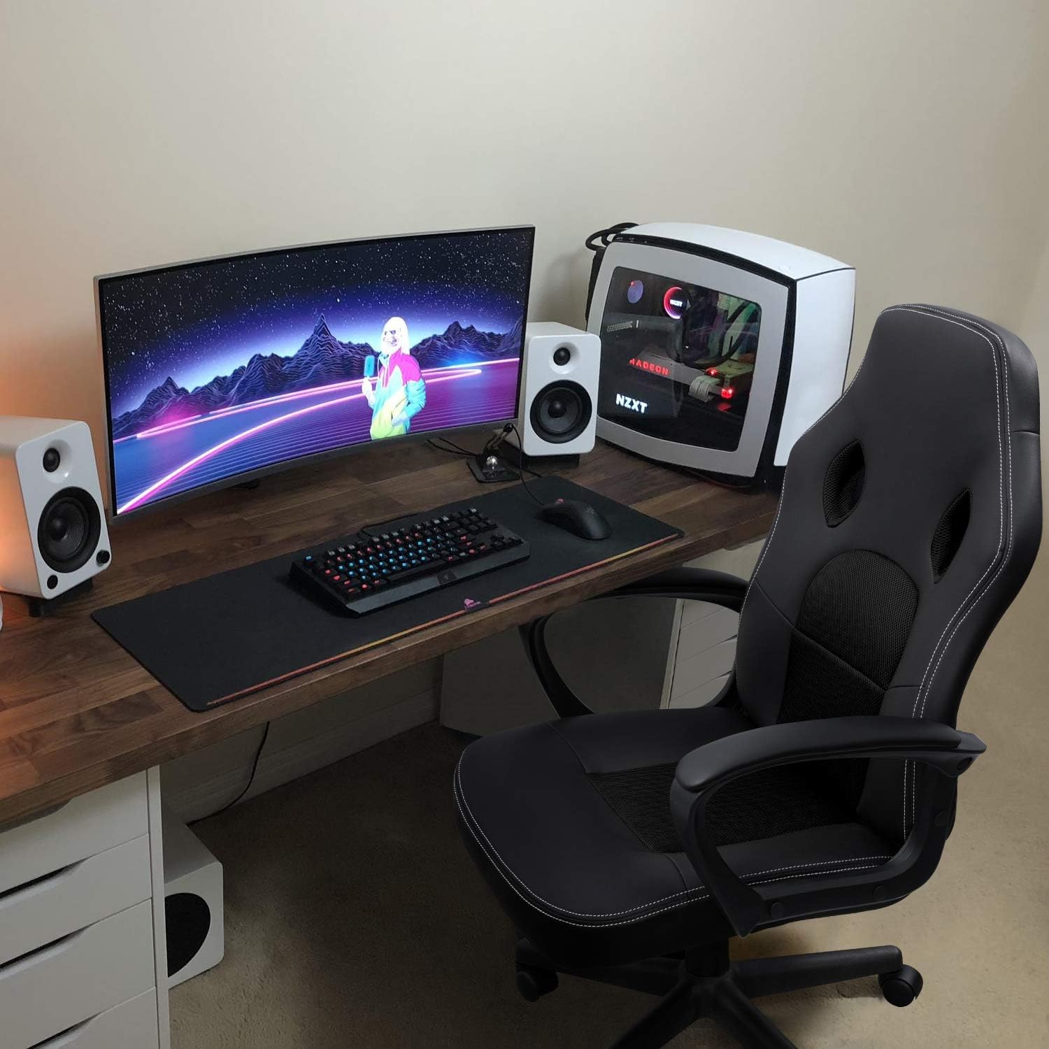 Furmax Gaming Chair Office Chair Leather Computer Desk Chair Racing Style Ergonomic Adjustable Swivel Task Chair with Lumbar Support and Arms (Black)