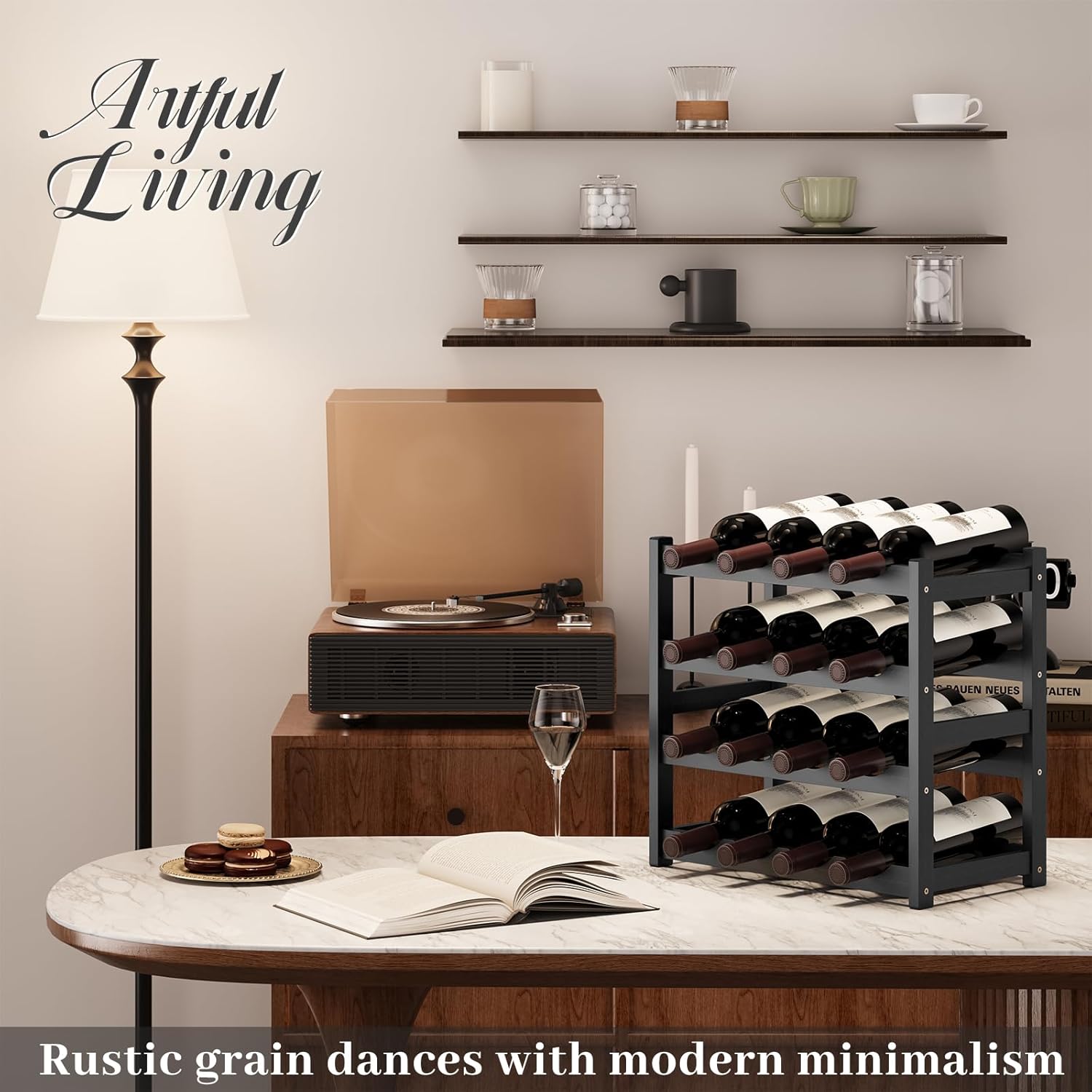 Wine Rack，Bamboo Wine Storage Cabinet Shelf，Countertop Wine Shelf- Freestanding Wine Holder for Kitchen & Pantry (Black, 4-Tier)