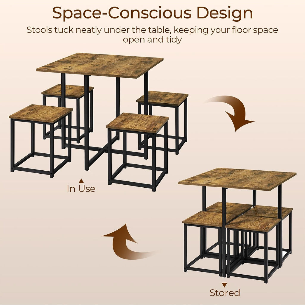 Yaheetech Industrial Dining Table Set for 4 Compact Kitchen Table and 4 Stools Space Saving Home Furniture for Small Space, Rustic Brown