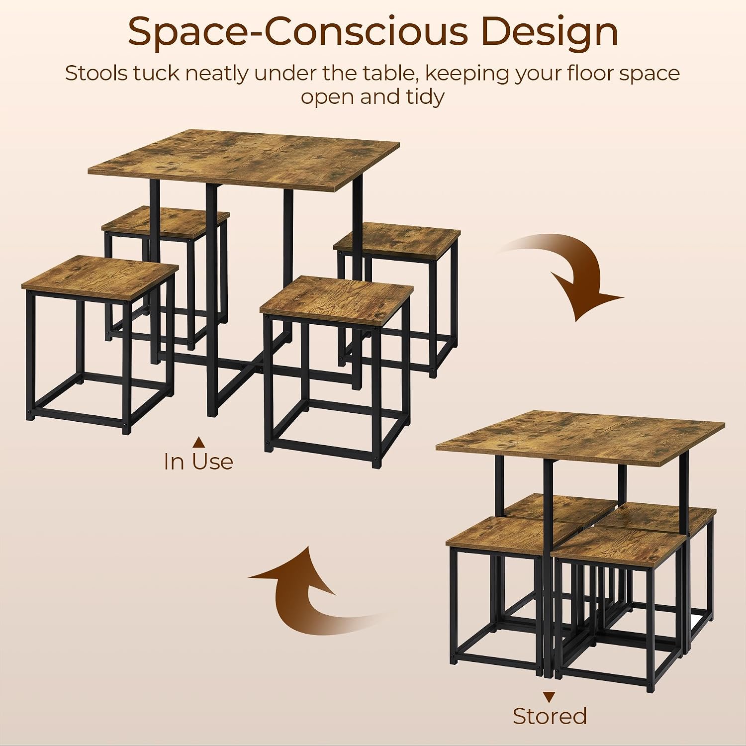 Yaheetech Industrial Dining Table Set for 4 Compact Kitchen Table and 4 Stools Space Saving Home Furniture for Small Space, Rustic Brown
