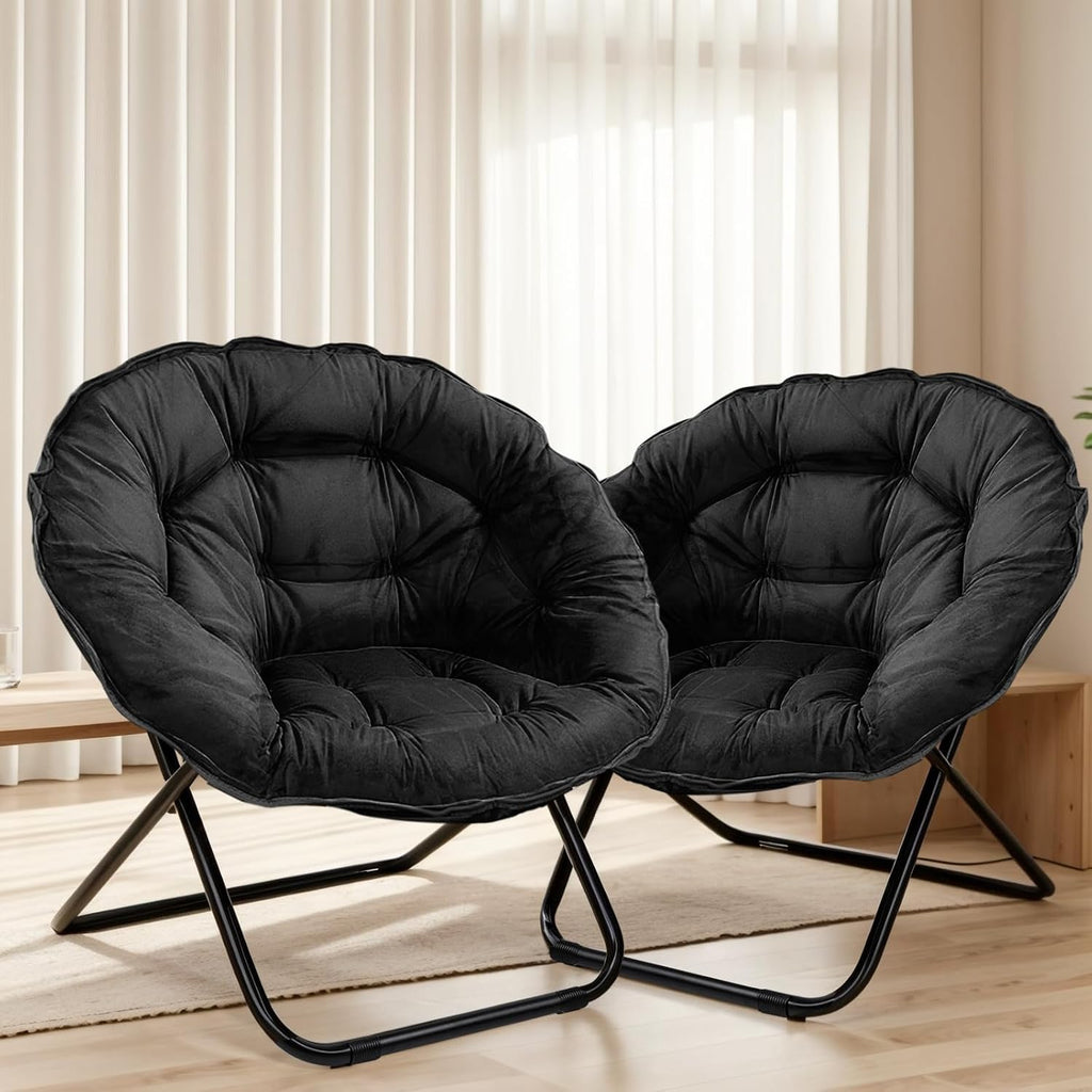 Grezone Folding Saucer Chair, Oversized Lazy Moon Chair with Metal Frame, Comfy Bedroom Chairs for Bedroom, Living Room, Study Black JC