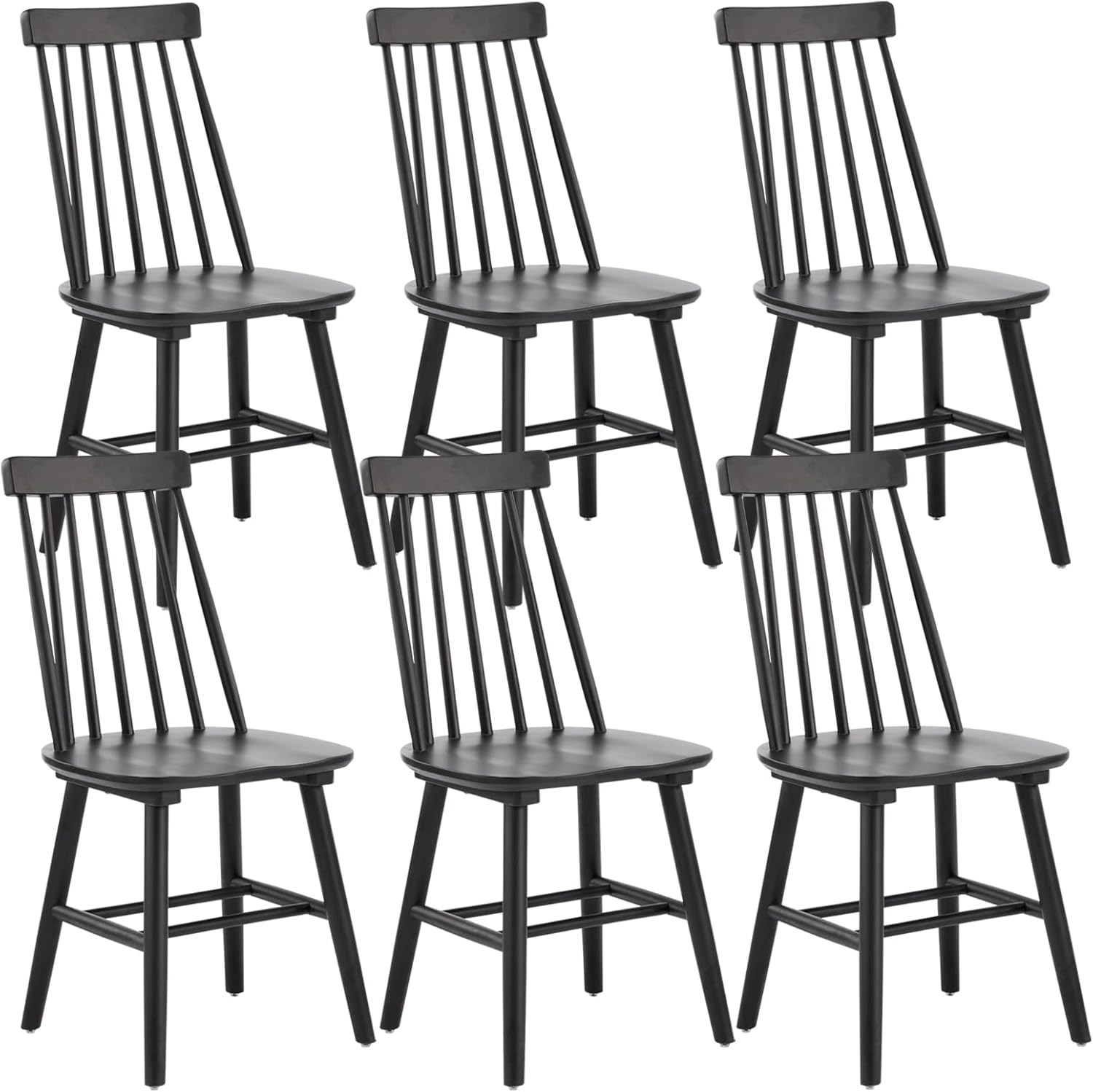 Black Dining Chair Set of 6, Windsor Wooden Dining Chairs Set of 6, Spindle Back Dining Chairs, Wood Dining Room Chair Spindle Side Country Farmhouse Chairs for Kitchen and Dining Room, Black