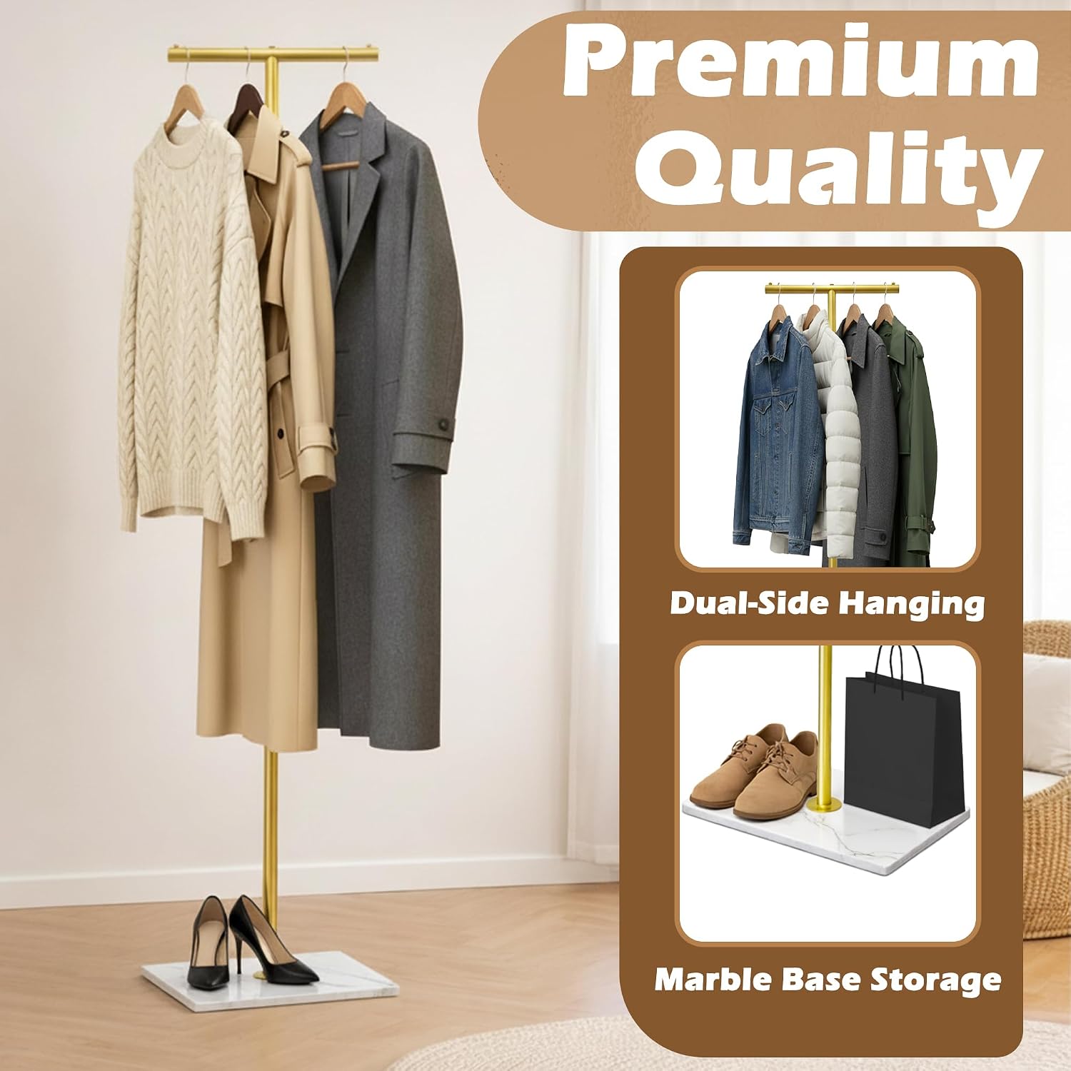 T-shaped Coat Rack Freestanding with Marble Base, 72" H Clothes Display Rack, Heavy-duty Clothes Rack, Modern Metal Coat Hanging Rack for Boutique, Hallway, Entryway, White