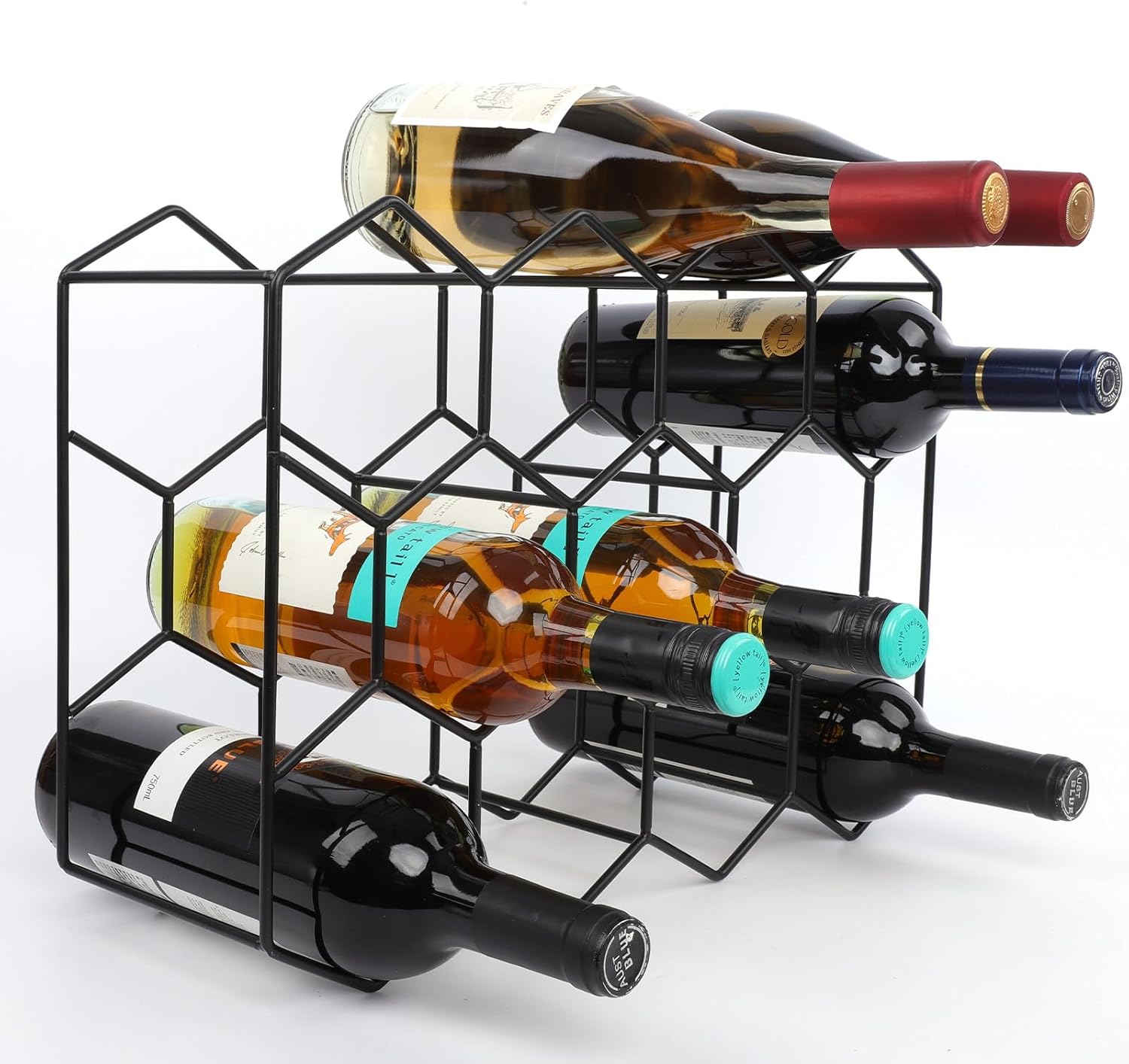 Black Countertop Wine Rack 14 Bottles, Geometric Stainless Steel Wine Bottle Holder,3 Tier Wine Racks for Cabinet Pantry Bar Table No Assembly Required