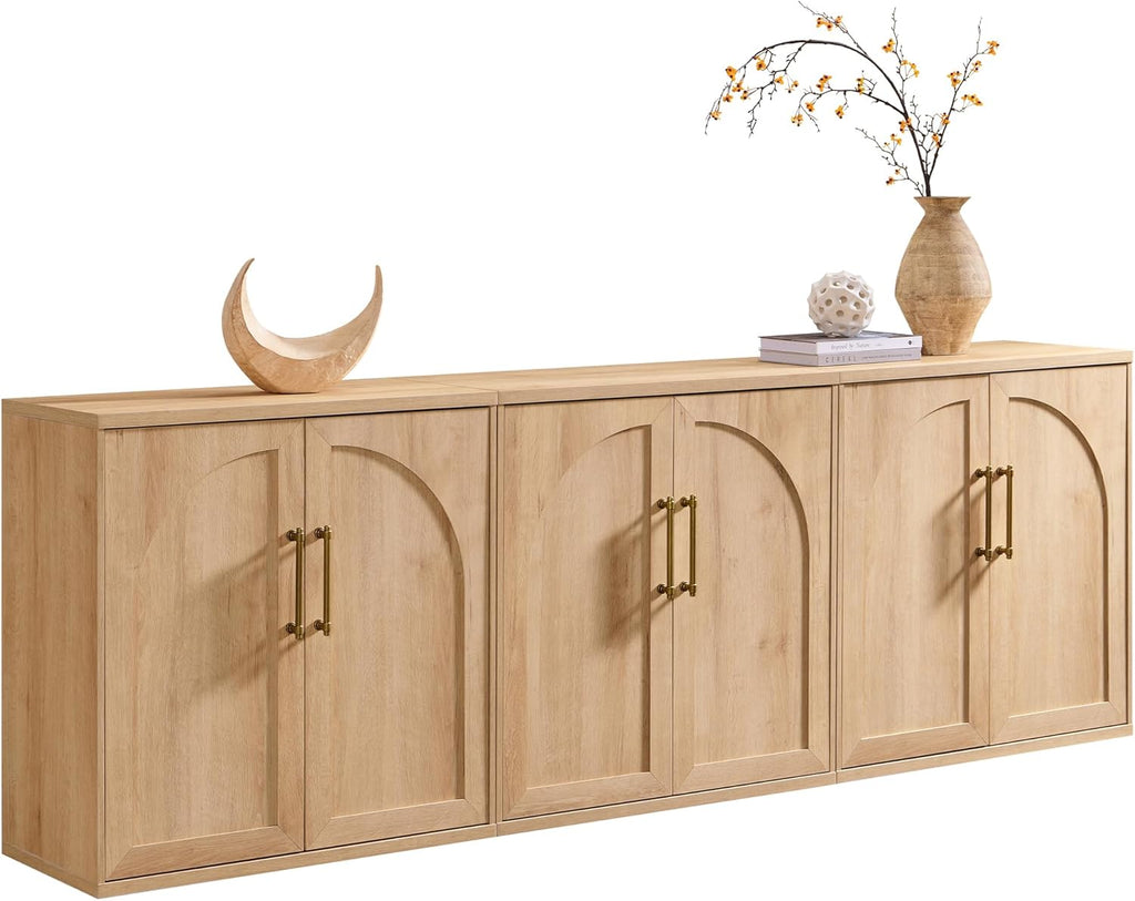 ACCOHOHO Arched Door Sideboard Buffet Cabinet Set of 3, Accent Cabinet with Adjustable Shelf, Wood Modular Credenza Storage Cabinet for Dining Room, Living Room, Entryway, Natural Oak