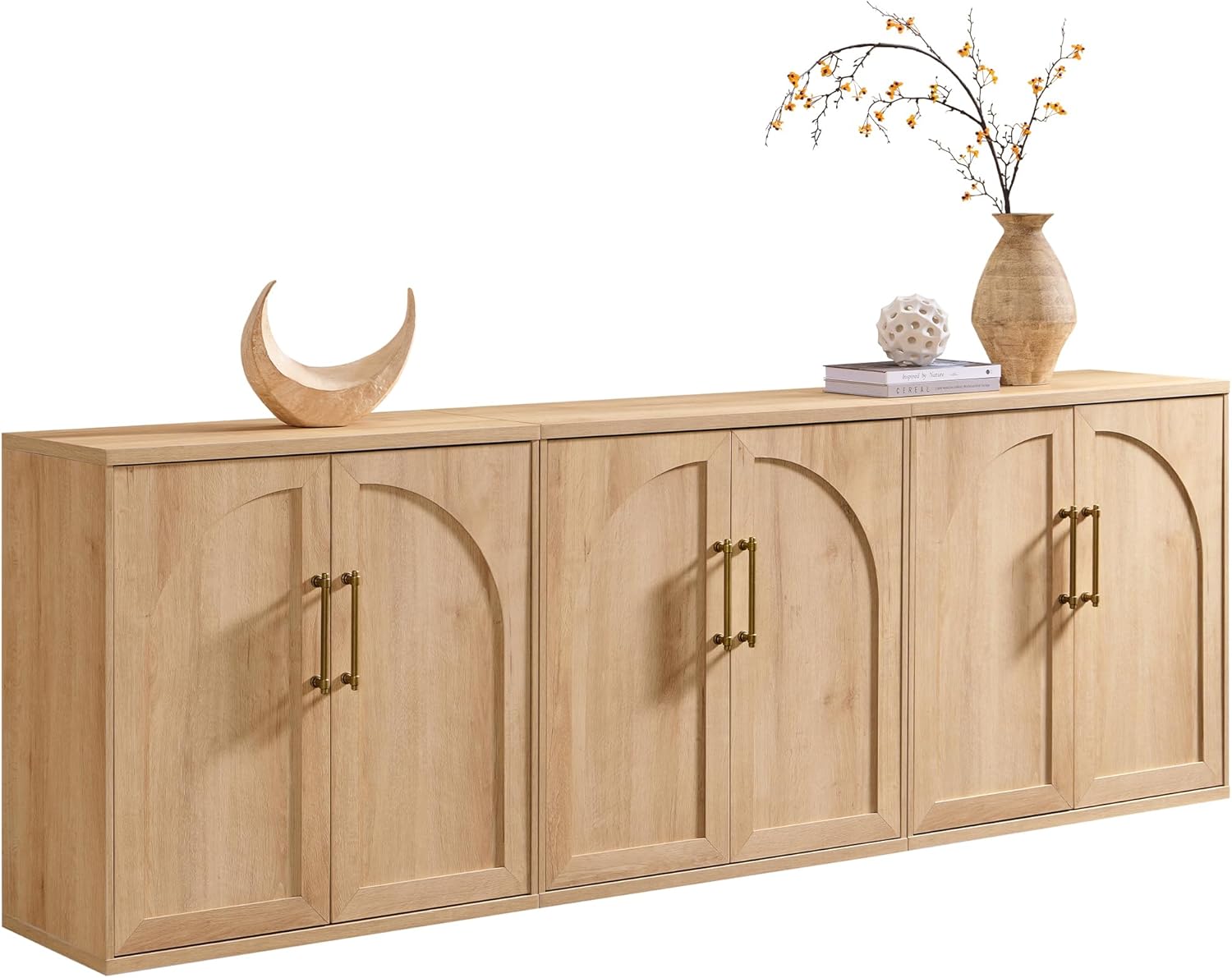 ACCOHOHO Arched Door Sideboard Buffet Cabinet Set of 3, Accent Cabinet with Adjustable Shelf, Wood Modular Credenza Storage Cabinet for Dining Room, Living Room, Entryway, Natural Oak