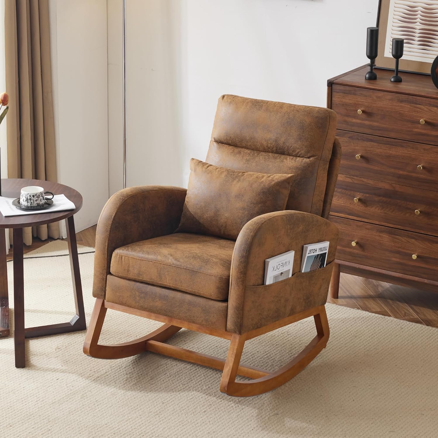 VINGLI Rustic Microfiber Nursing Rocking Chair with Thick Headrest, Upholstered Mid-century Modern Nursery Rocker Glider with Curved Armrest, Sturdy Solid Wood Base for Living Room, Bedroom, Baby Room