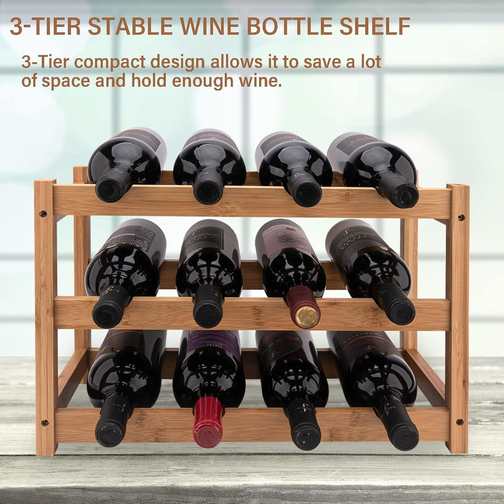 LEIMO KPARTS Bamboo Wine Rack, 3-Tier Sturdy and Durable Wine Storage Cabinet Shelf, Wine Racks Countertop for Kitchen Pantry Dining Room Bar,12 Bottles Wine Rack